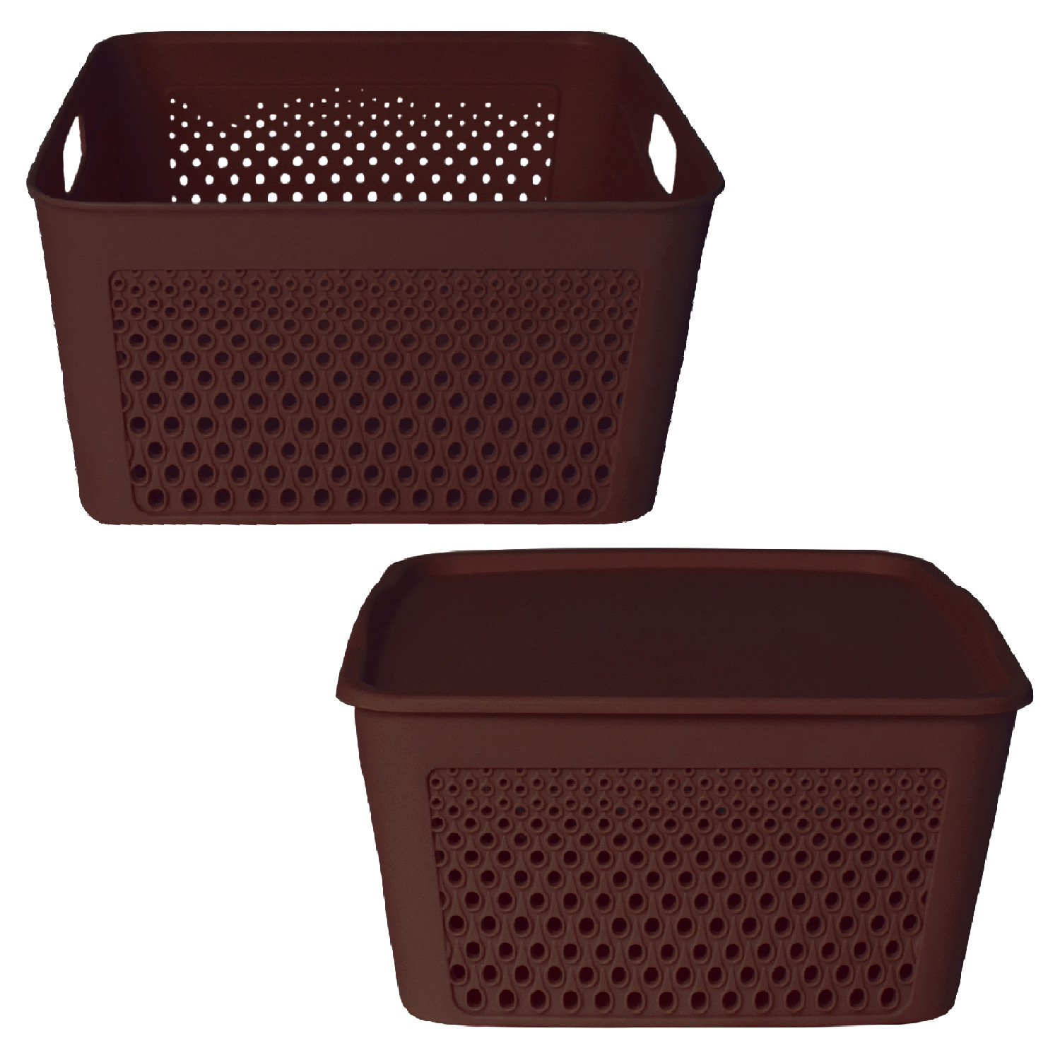 Kuber Industries Netted Design Unbreakable Multipurpose Square Shape Plastic Storage Baskets with lid Small Pack of 2 (Brown)