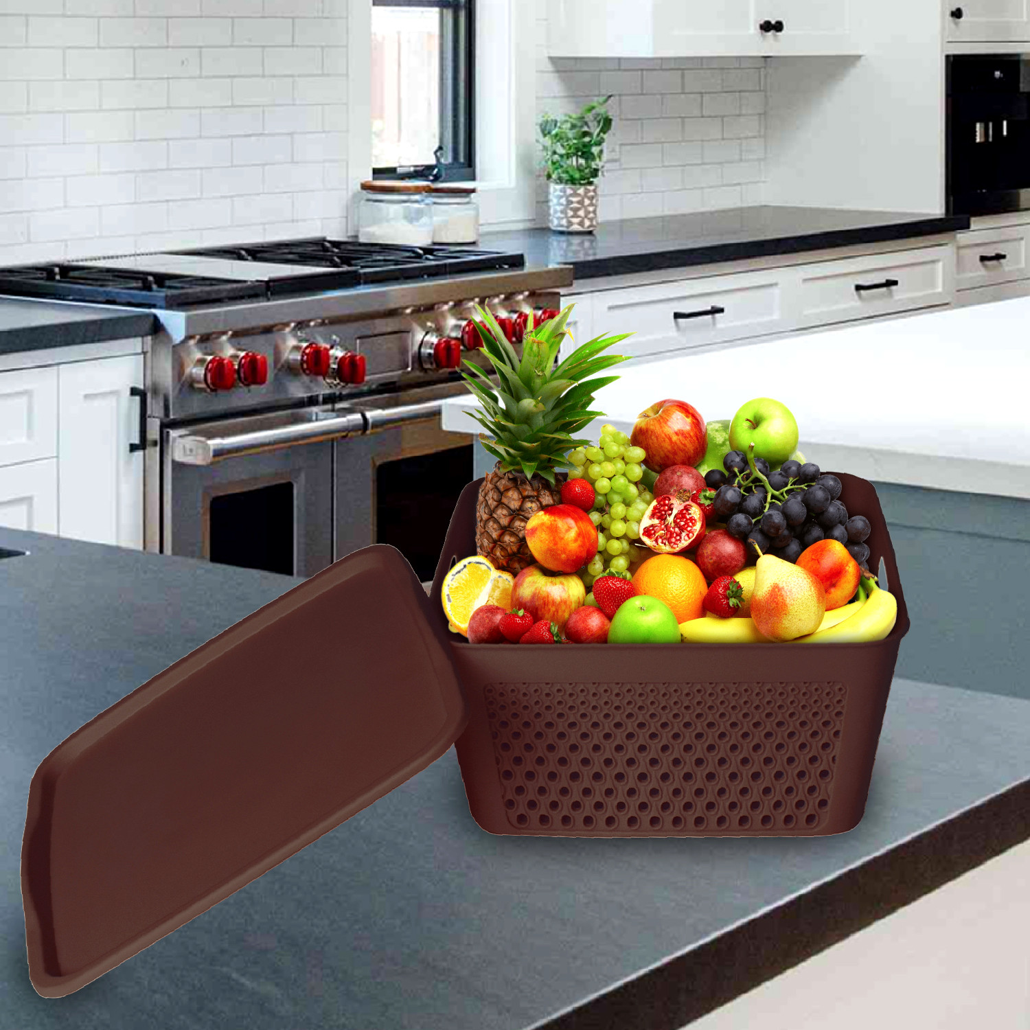Kuber Industries Netted Design Unbreakable Multipurpose Square Shape Plastic Storage Baskets with lid Medium (Brown)