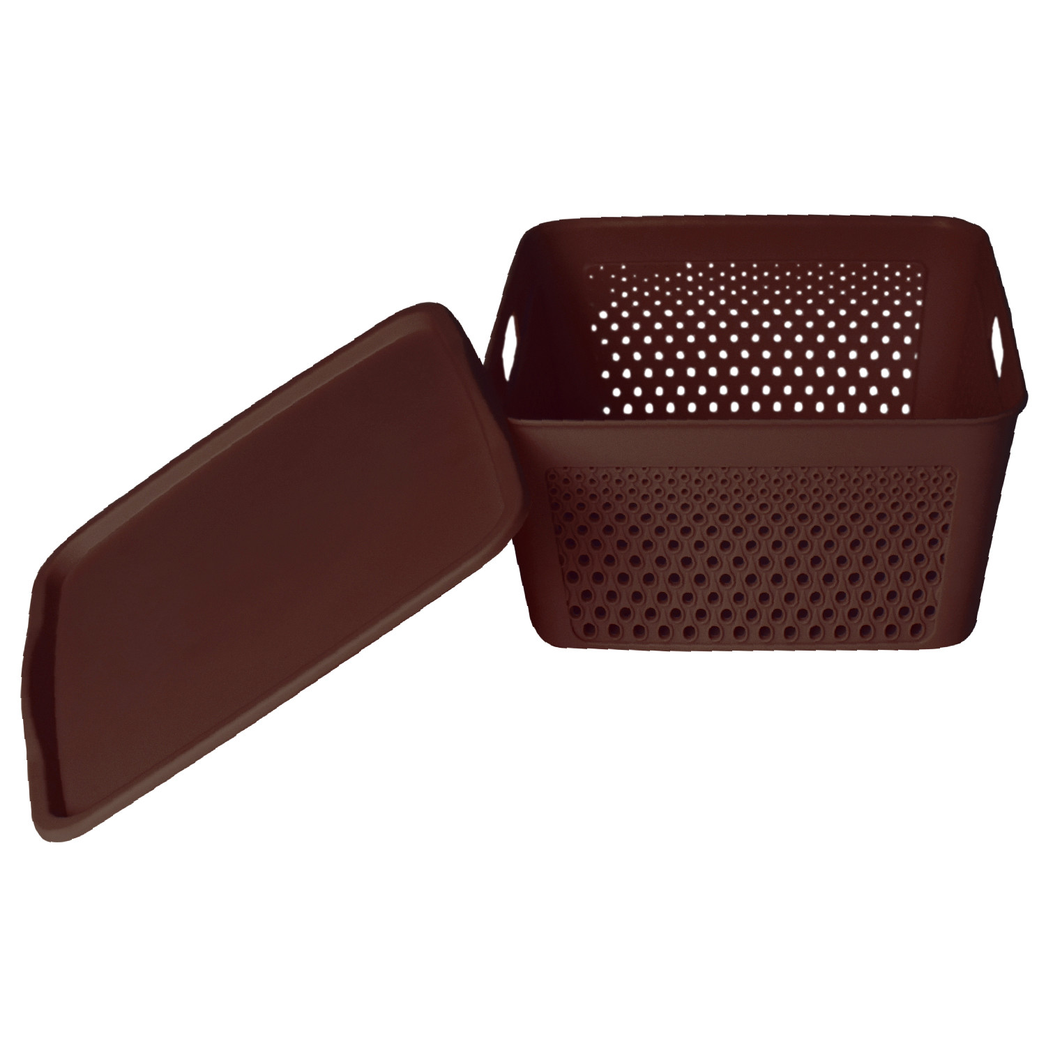 Kuber Industries Netted Design Unbreakable Multipurpose Square Shape Plastic Storage Baskets with lid Large (Brown)