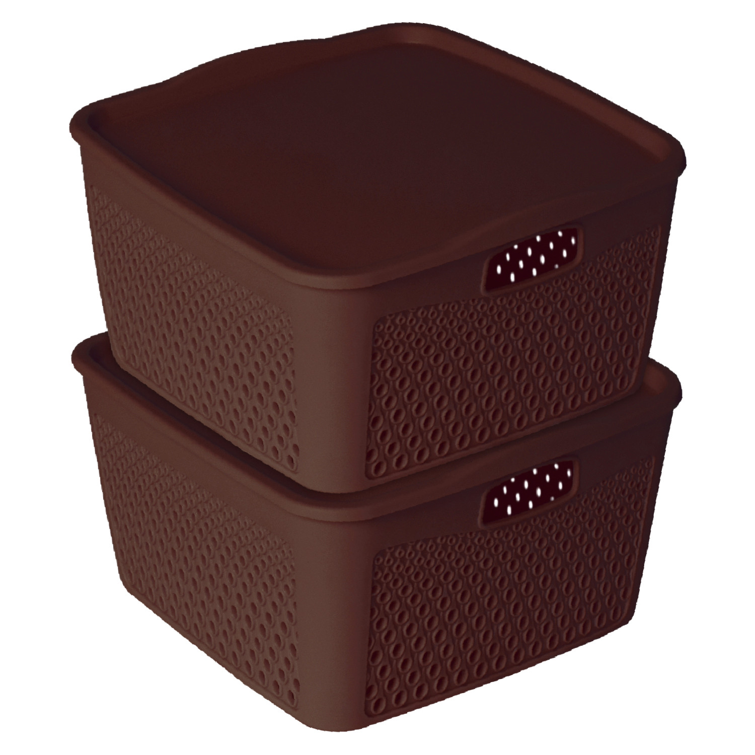 Kuber Industries Netted Design Unbreakable Multipurpose Square Shape Plastic Storage Baskets with lid Large (Brown)