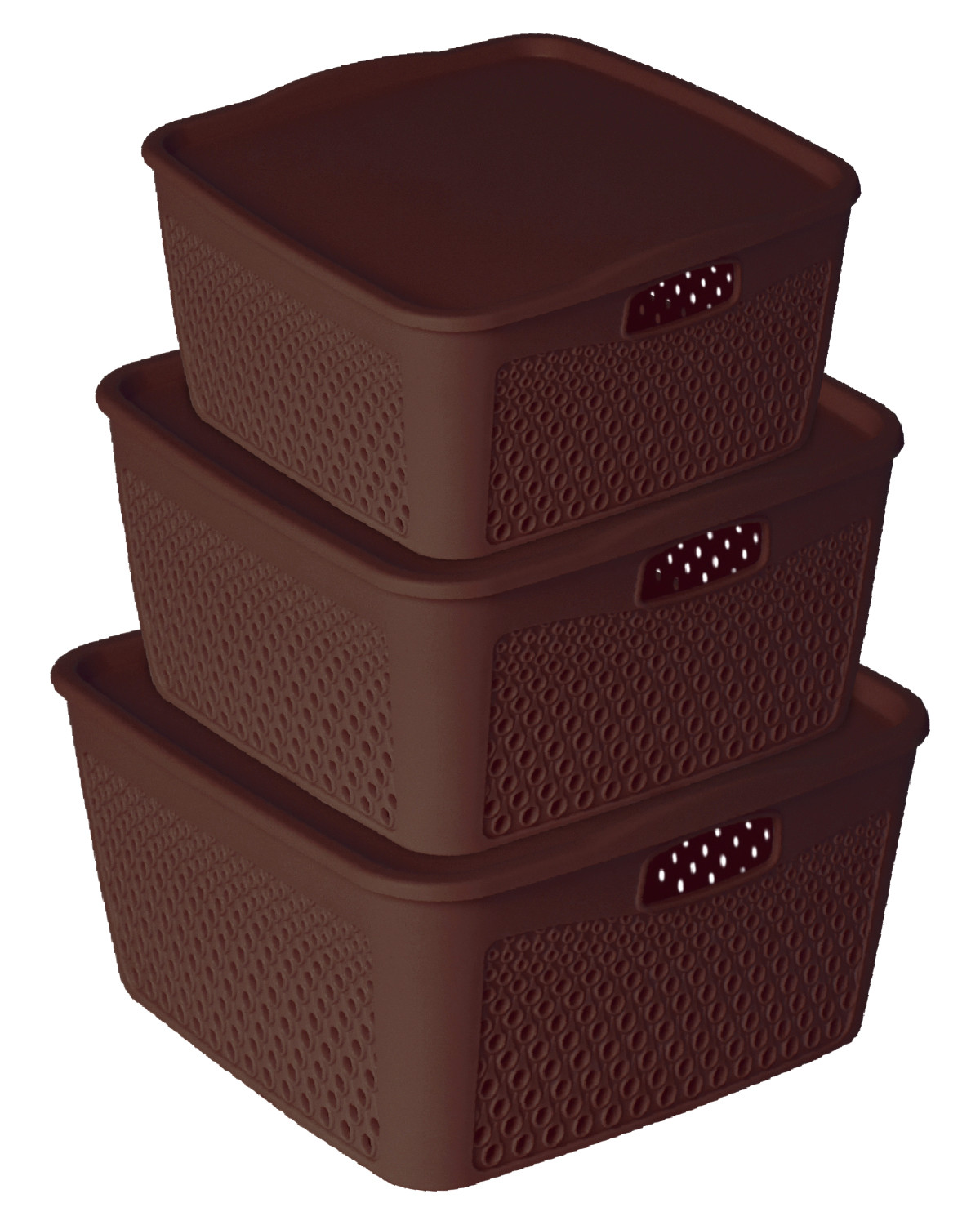 Kuber Industries Netted Design Unbreakable Multipurpose Square Shape Plastic Storage Baskets with lid Small, Medium, Large Pack of 3 (Brown)