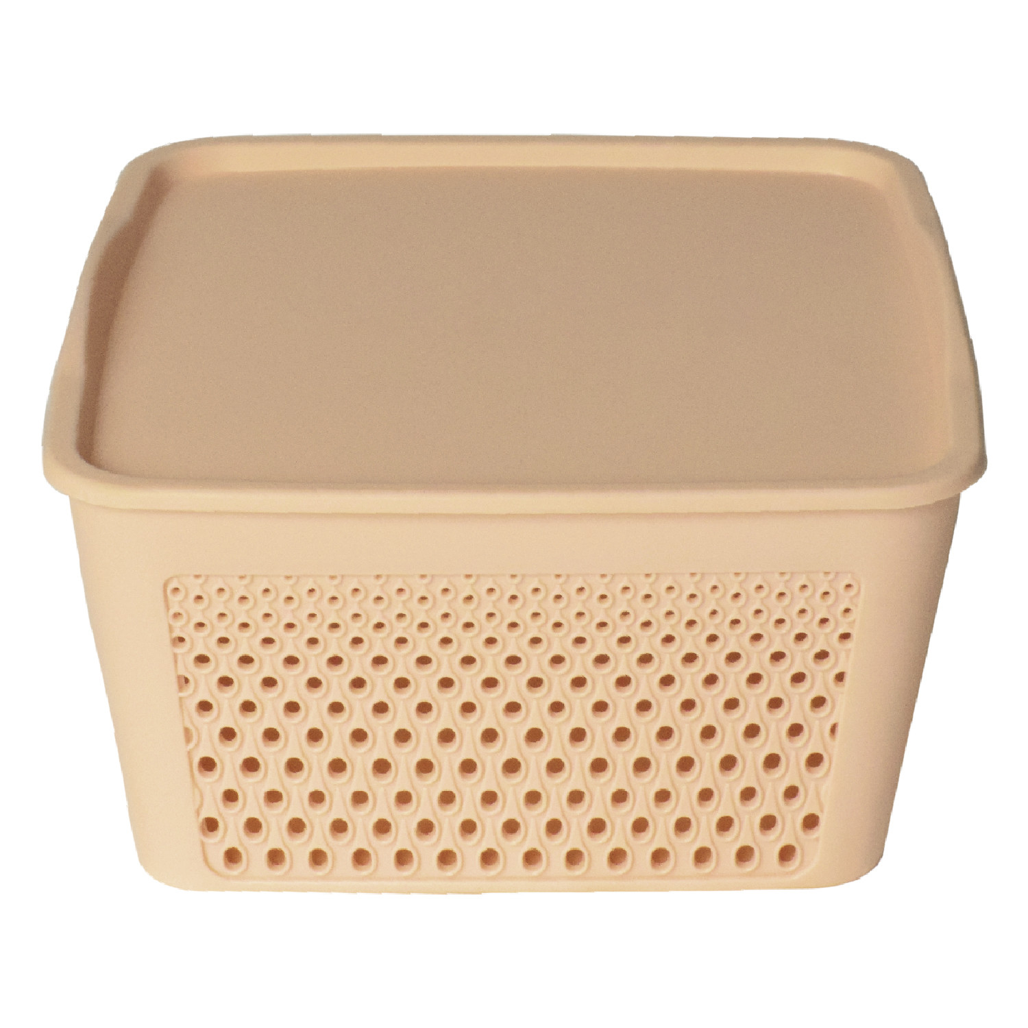 Kuber Industries Netted Design Unbreakable Multipurpose Square Shape Plastic Storage Baskets with lid Small (Beige)