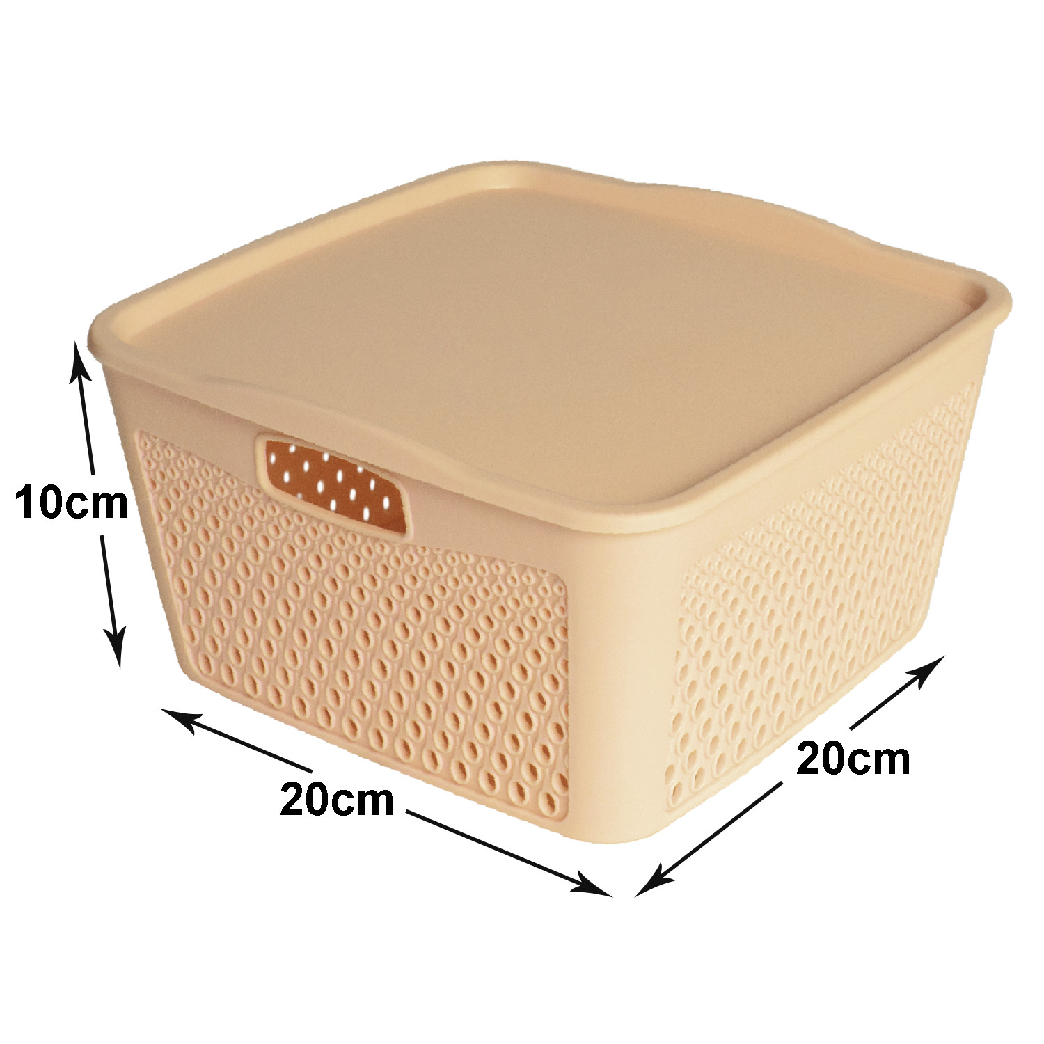 Kuber Industries Netted Design Unbreakable Multipurpose Square Shape Plastic Storage Baskets with lid Small (Beige)