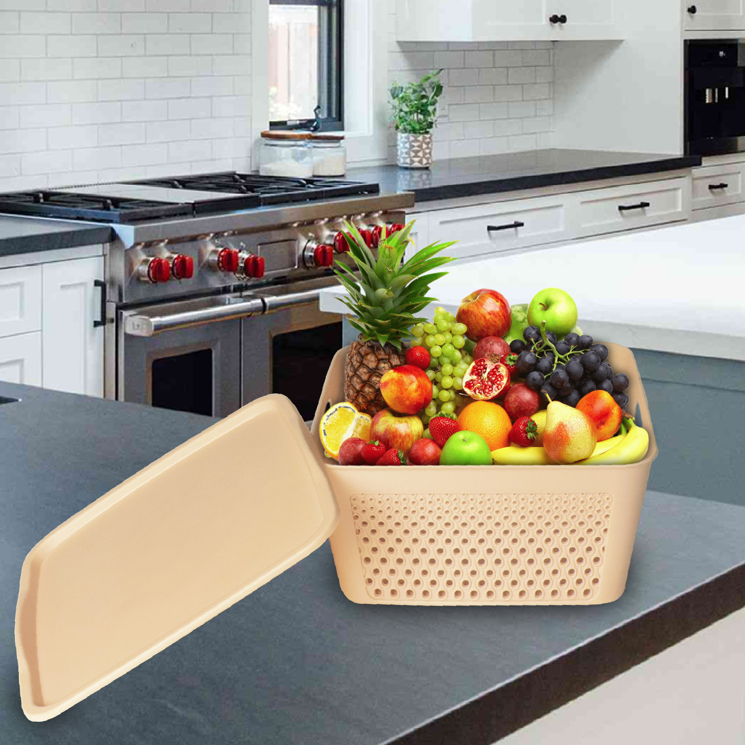 Kuber Industries Netted Design Unbreakable Multipurpose Square Shape Plastic Storage Baskets with lid Large (Beige)