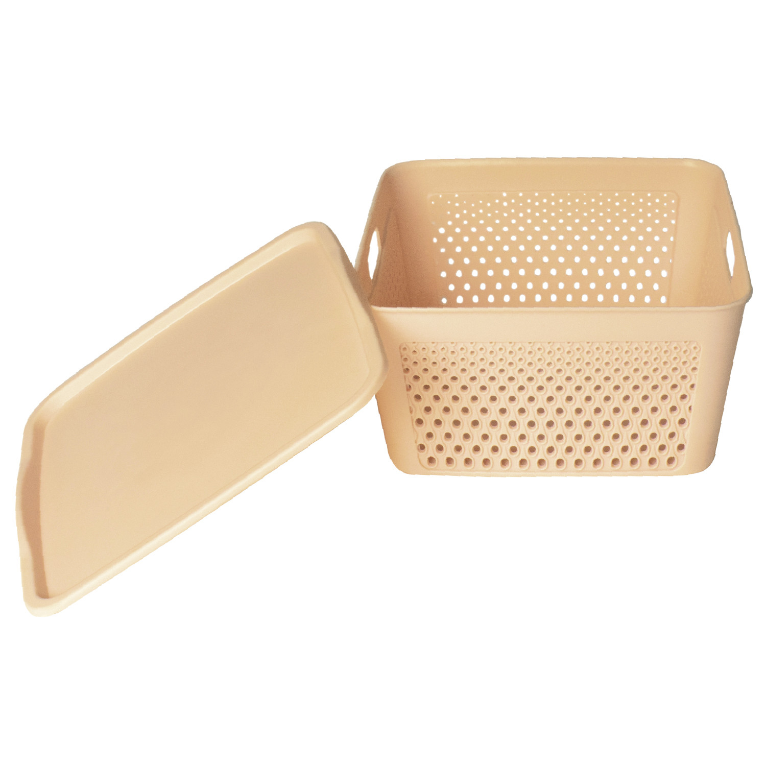 Kuber Industries Netted Design Unbreakable Multipurpose Square Shape Plastic Storage Baskets with lid Large (Beige)