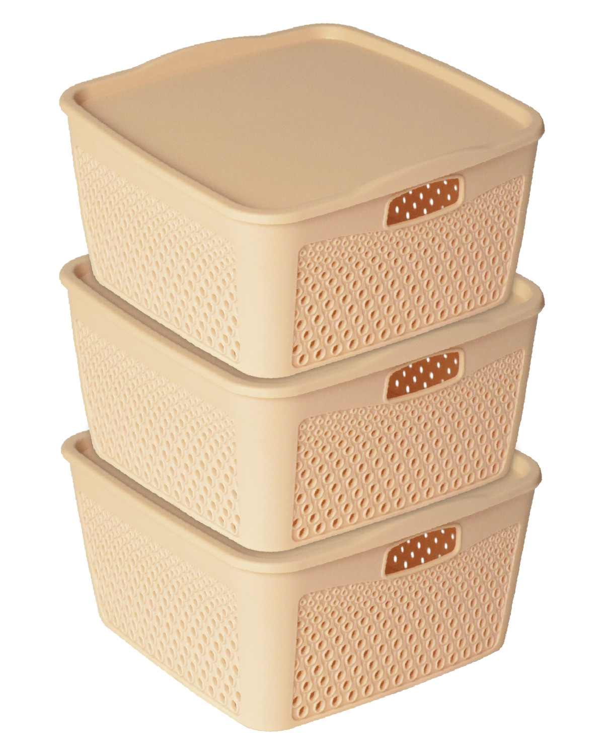 Kuber Industries Netted Design Unbreakable Multipurpose Square Shape Plastic Storage Baskets with lid Large (Beige)