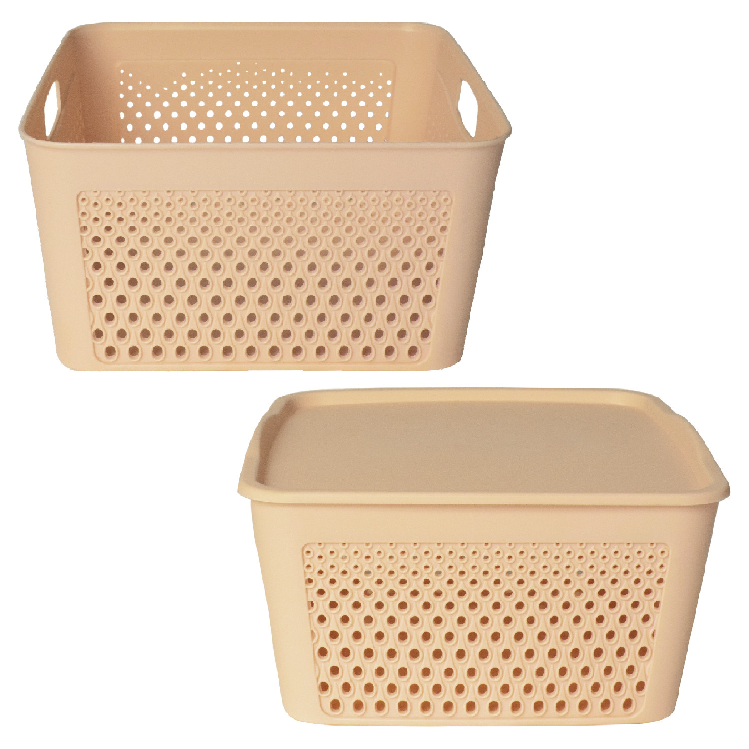 Kuber Industries Netted Design Unbreakable Multipurpose Square Shape Plastic Storage Baskets with lid Small, Medium, Large Pack of 3 (Beige)