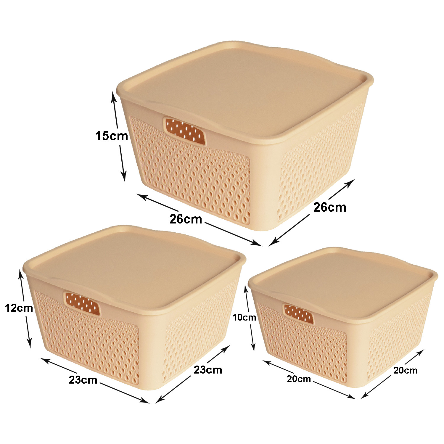 Kuber Industries Netted Design Unbreakable Multipurpose Square Shape Plastic Storage Baskets with lid Small, Medium, Large Pack of 3 (Beige)
