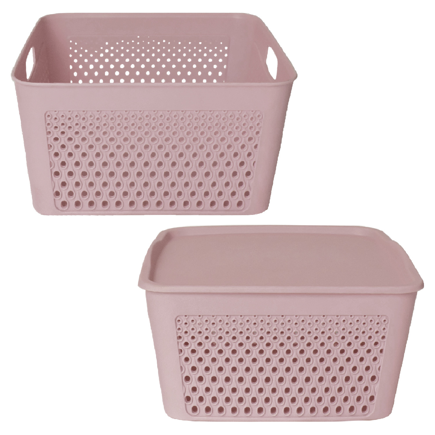 Kuber Industries Netted Design Unbreakable Multipurpose Square Shape Plastic Storage Baskets with lid Large (Grey)