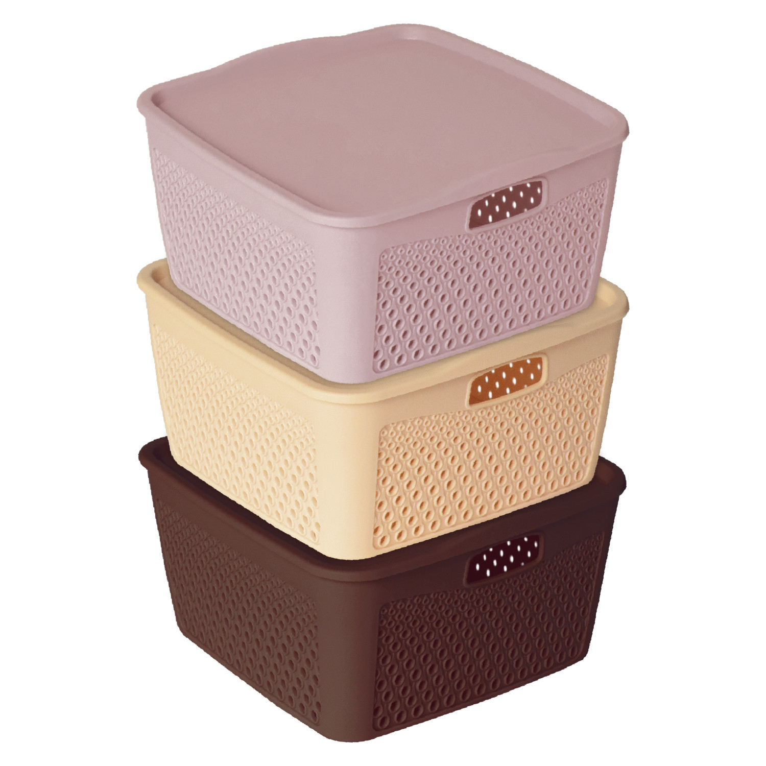 Kuber Industries Netted Design Unbreakable Multipurpose Square Shape Plastic Storage Baskets with lid Small Pack of 3 (Brown, Beige, Grey)