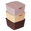 Kuber Industries Netted Design Unbreakable Multipurpose Square Shape Plastic Storage Baskets with lid Small Pack of 3 (Brown, Beige, Grey)