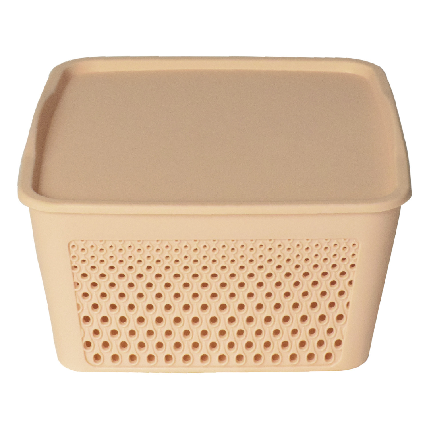 Kuber Industries Netted Design Unbreakable Multipurpose Square Shape Plastic Storage Baskets with lid Large Pack of 3 (Brown, Beige, Grey)
