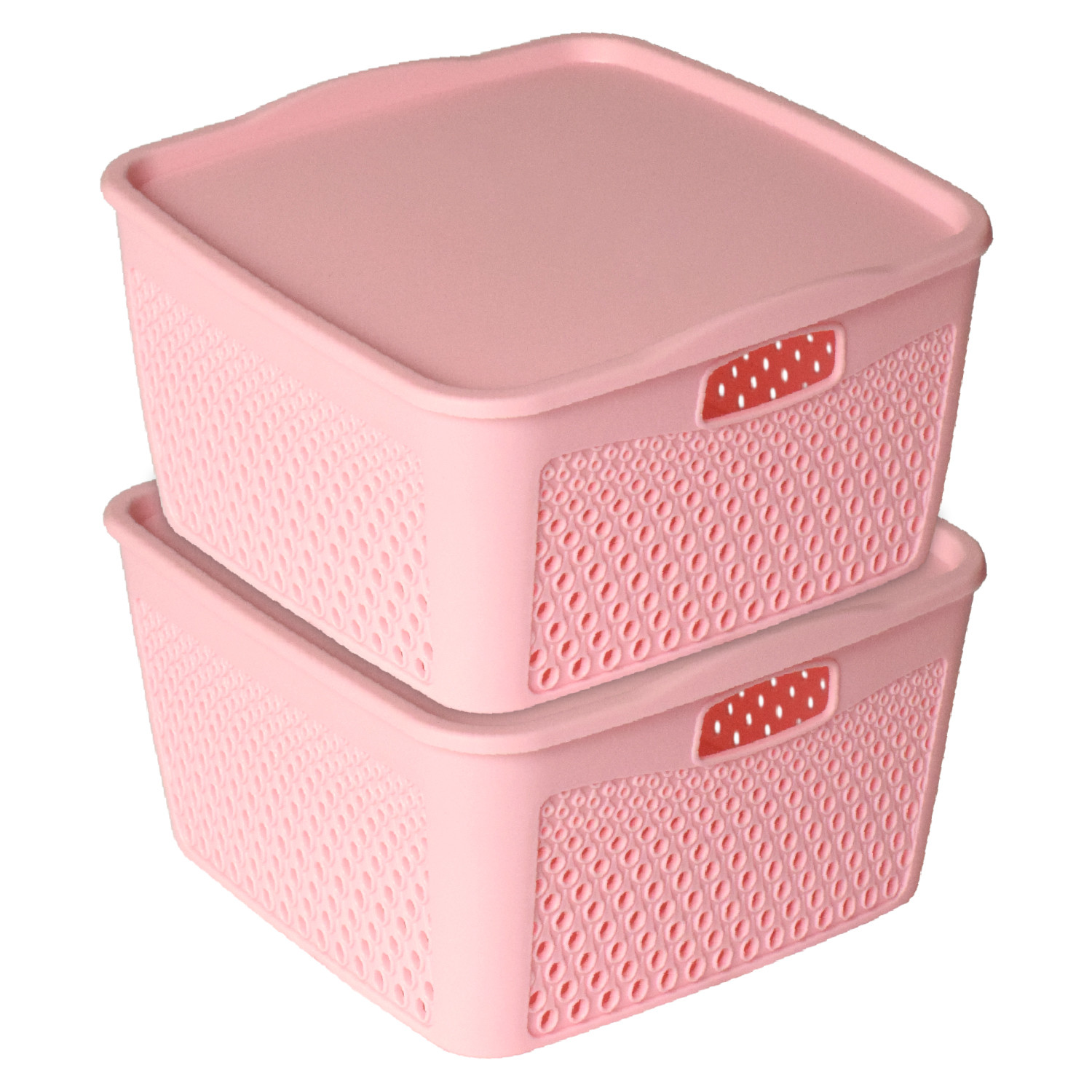 Kuber Industries Netted Design Unbreakable Multipurpose Square Shape Plastic Storage Baskets with lid Small (Pink)