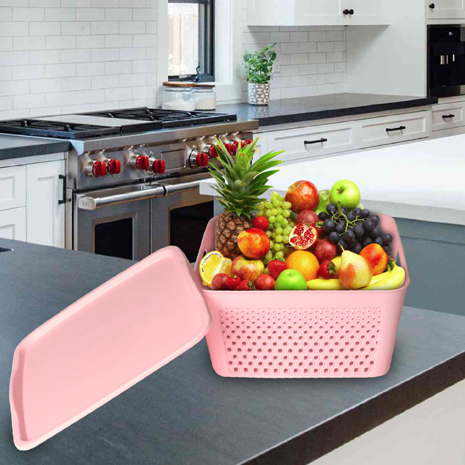 Kuber Industries Netted Design Unbreakable Multipurpose Square Shape Plastic Storage Baskets with lid Small (Pink)