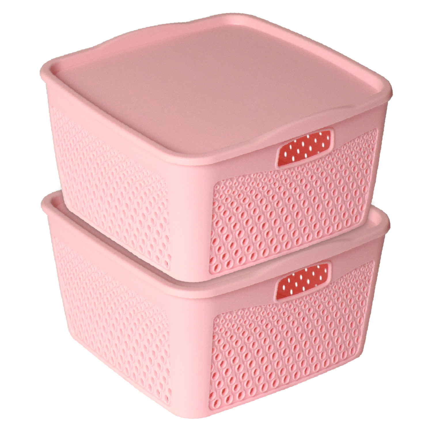 Kuber Industries Netted Design Unbreakable Multipurpose Square Shape Plastic Storage Baskets with lid Medium(Pink)
