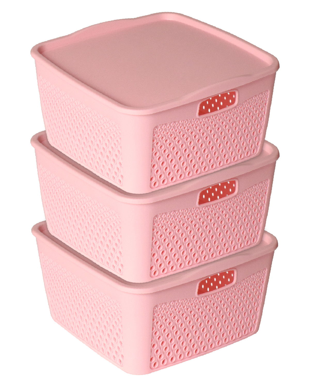 Kuber Industries Netted Design Unbreakable Multipurpose Square Shape Plastic Storage Baskets with lid Large (Pink)