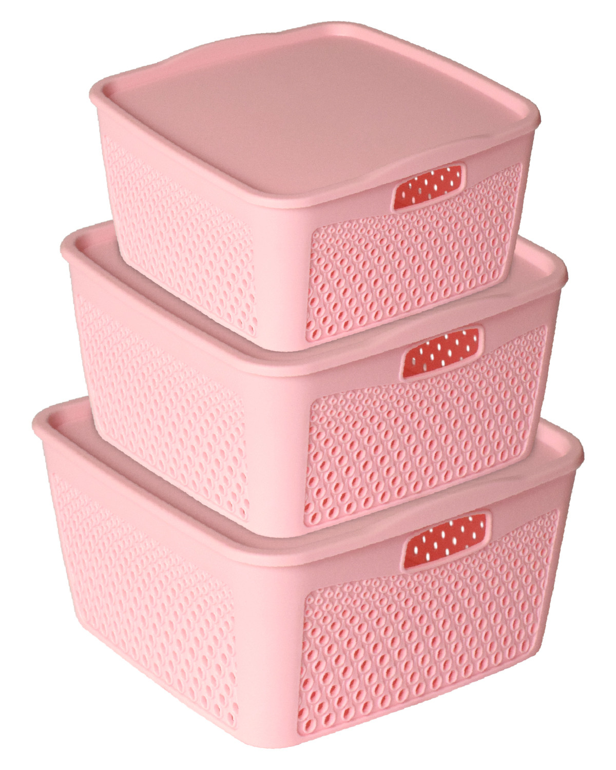 Kuber Industries Netted Design Unbreakable Multipurpose Square Shape Plastic Storage Baskets with lid Small, Medium, Large Pack of 3 (Pink)