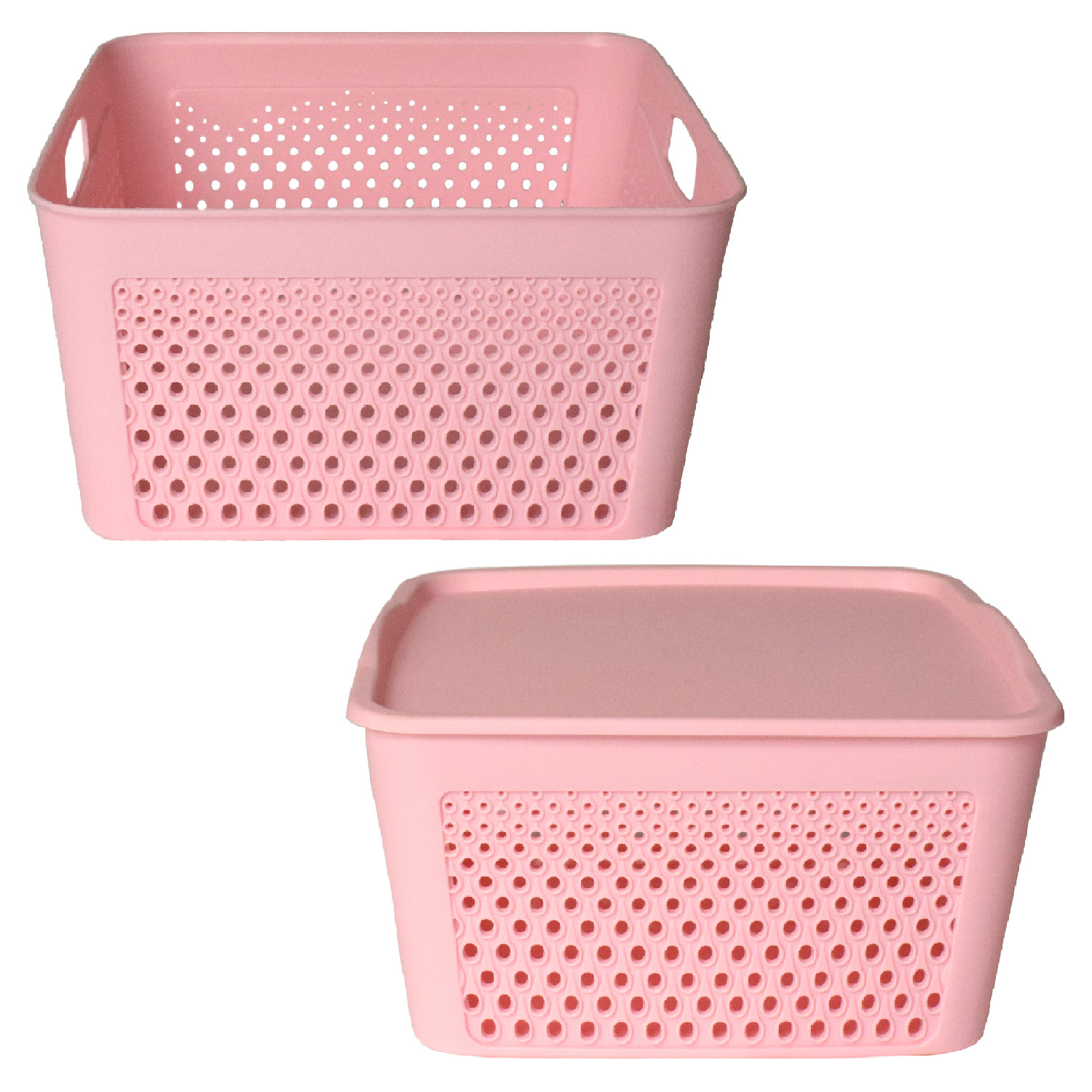 Kuber Industries Netted Design Unbreakable Multipurpose Square Shape Plastic Storage Baskets with lid Small, Medium, Large Pack of 3 (Pink)