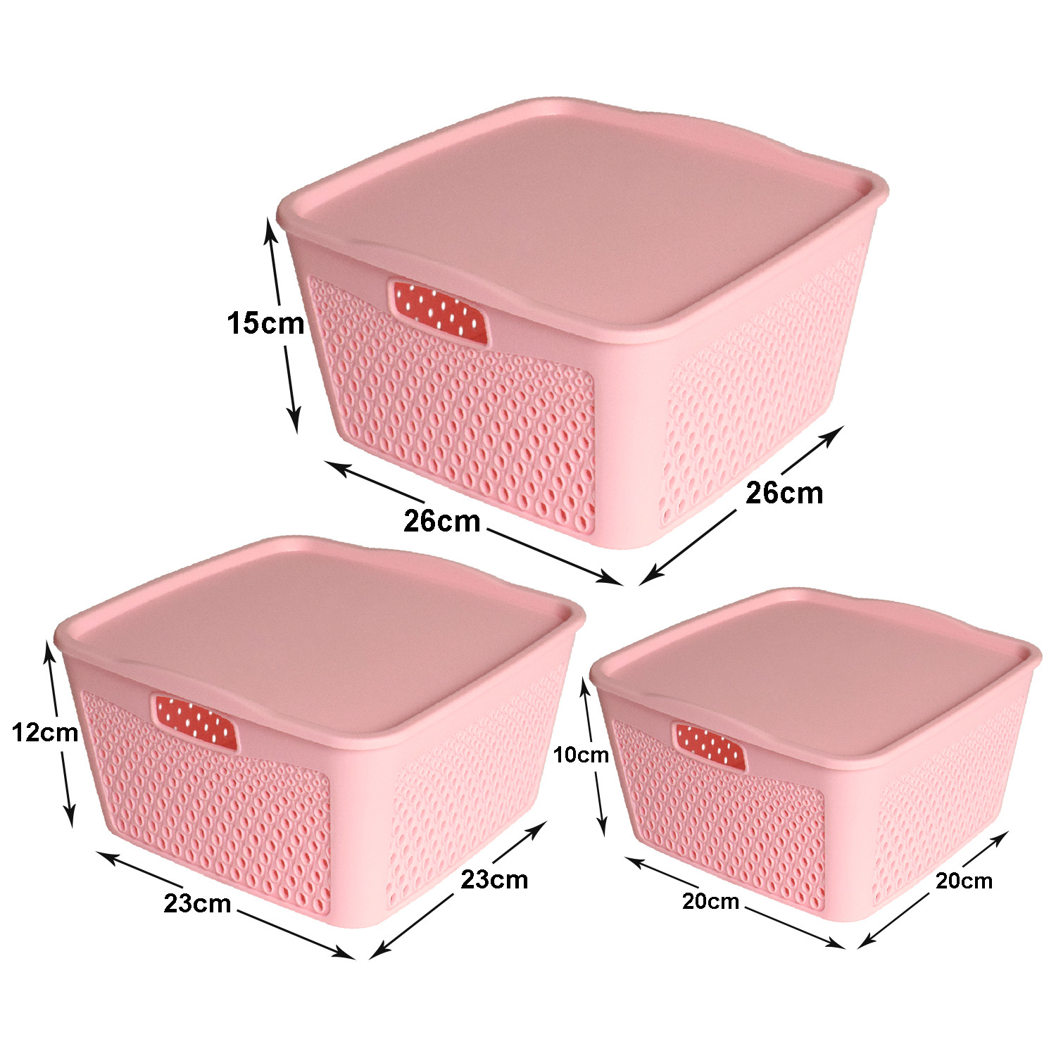 Kuber Industries Netted Design Unbreakable Multipurpose Square Shape Plastic Storage Baskets with lid Small, Medium, Large Pack of 3 (Pink)