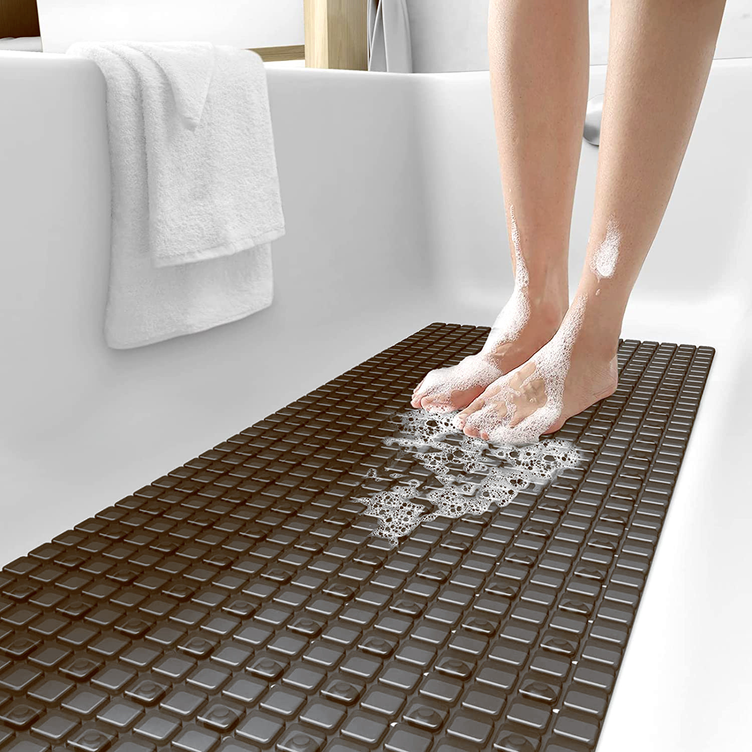 Kuber Industries Non Slip Eco Friendly Shower Bath Mat With Drain Holes And Suction Cups to Keep Floor Clean (Brown) -HS43KUBMART25553