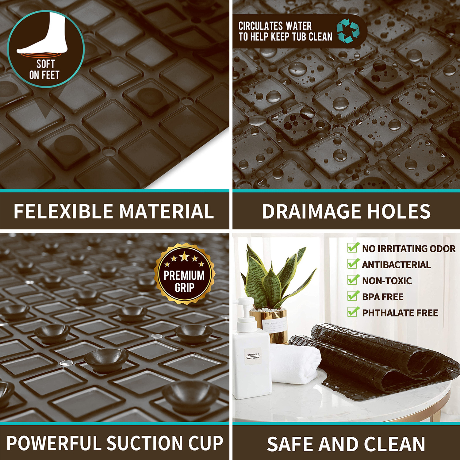 Kuber Industries Non Slip Eco Friendly Shower Bath Mat With Drain Holes And Suction Cups to Keep Floor Clean (Brown) -HS43KUBMART25553