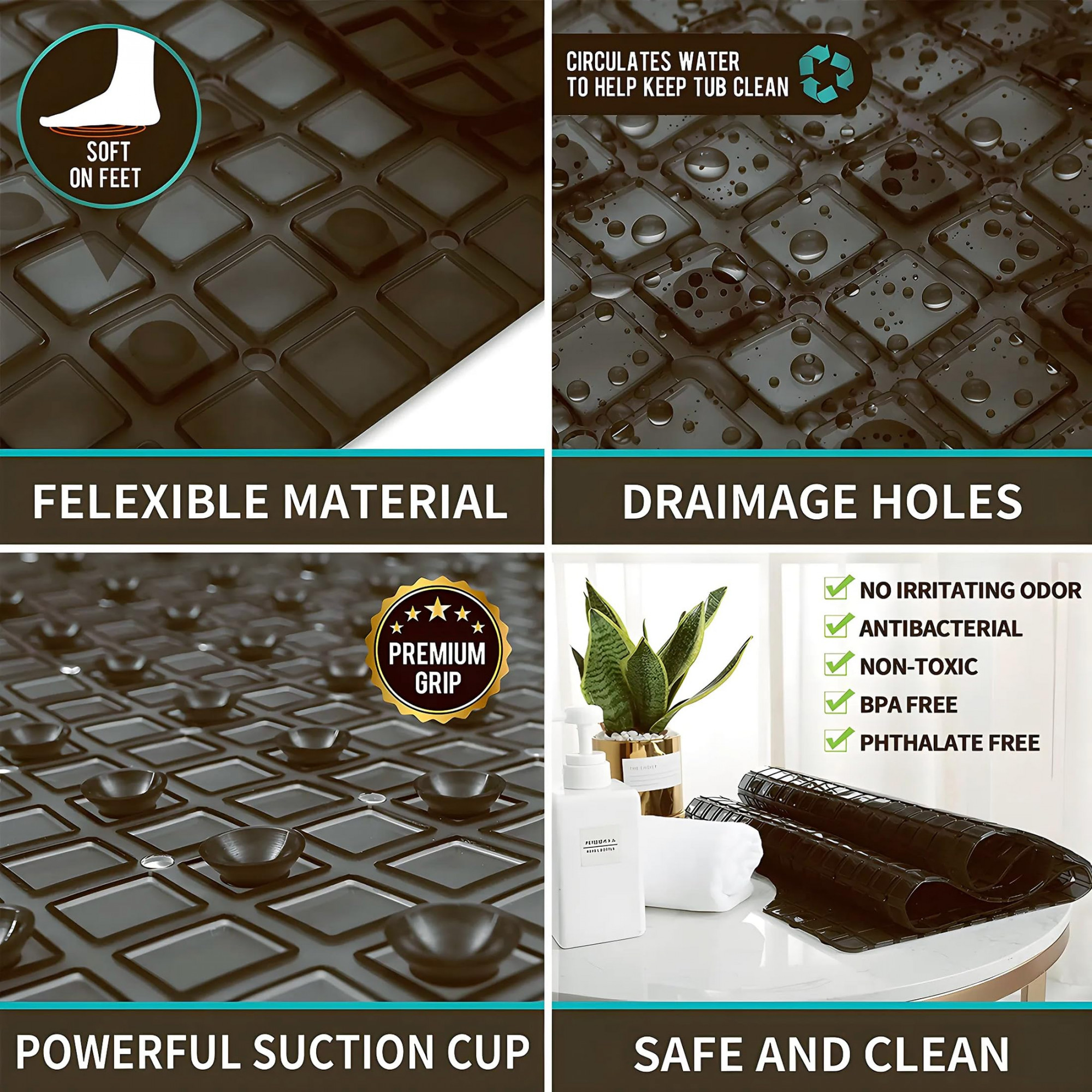 Kuber Industries Non Slip Eco Friendly Shower Bath Mat With Drain Holes And Suction Cups to Keep Floor Clean Brown -HS43KUBMART25553