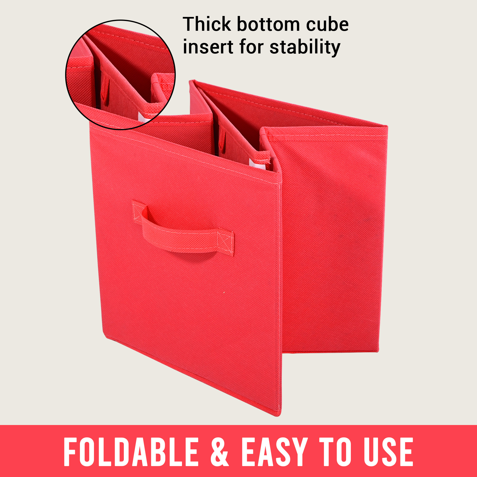 Kuber Industries Non-Woven 11 IN Cloth Organizer for Storage Box  Square Wardrobe Clothes Organizer for Toys  Books  Folding Closet Drawer Organizers with Handle  Plain  Red