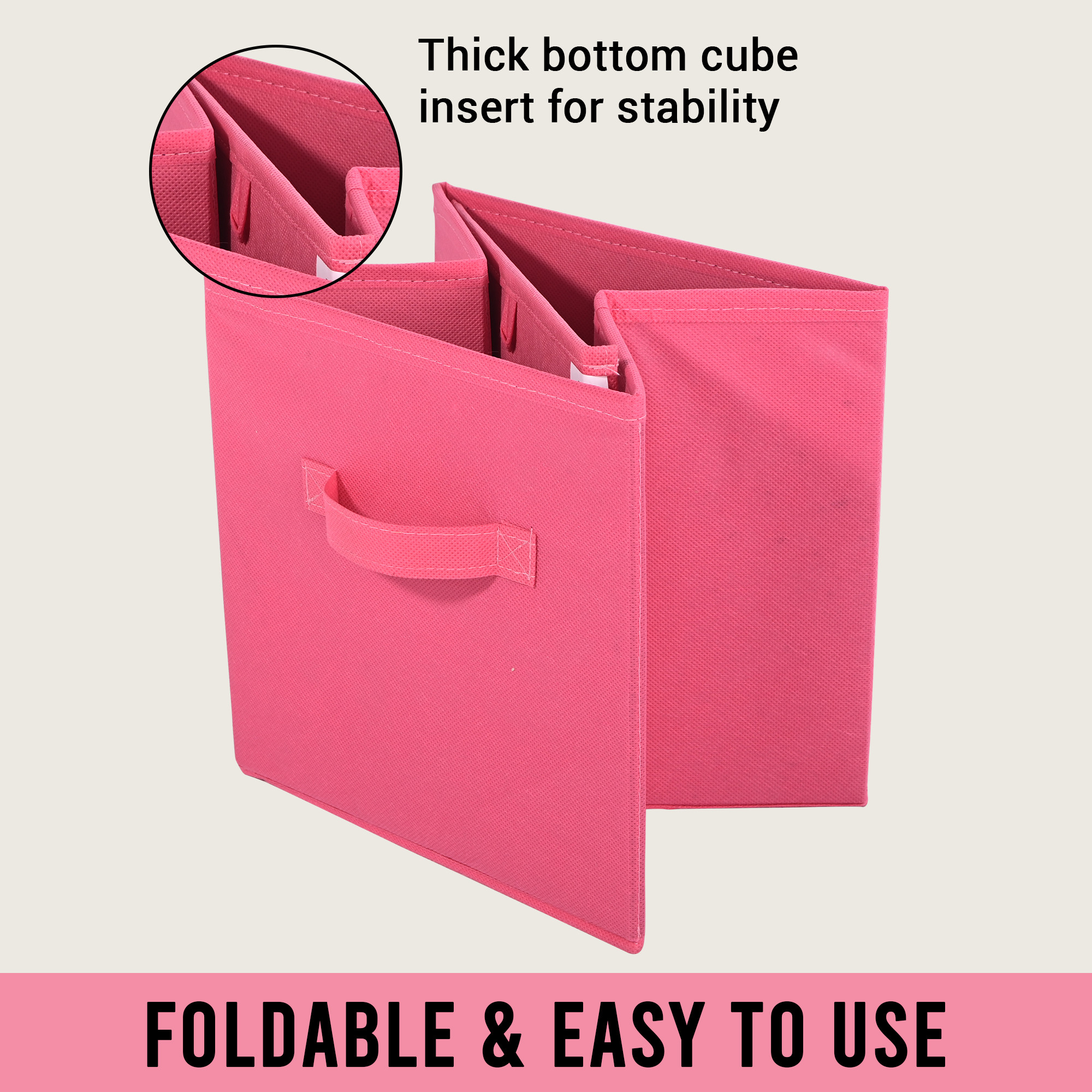 Kuber Industries Non-Woven 11 IN Cloth Organizer for Storage Box  Square Wardrobe Clothes Organizer for Toys  Books  Folding Closet Drawer Organizers with Handle  Plain  Pink