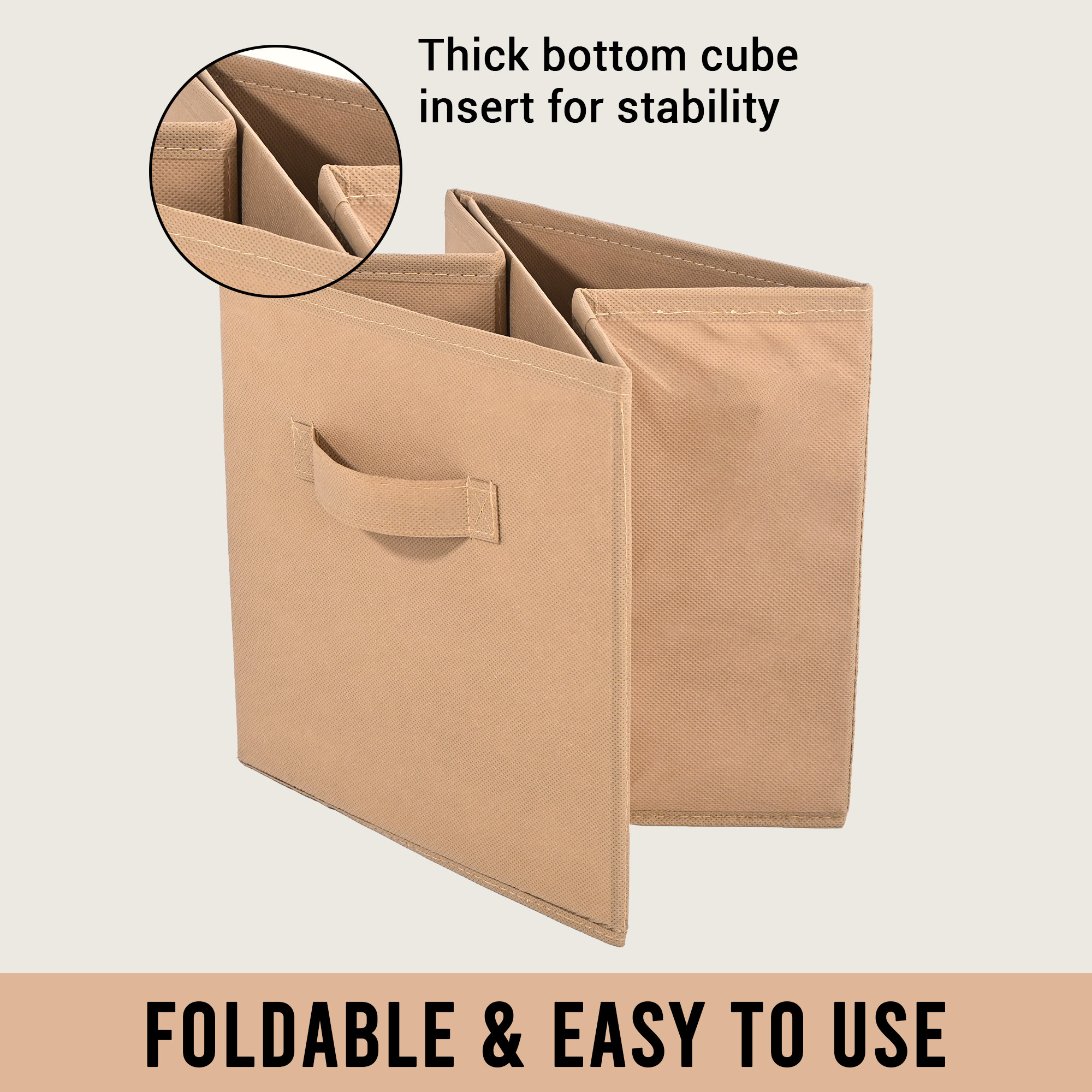Kuber Industries Non-Woven 11 IN Cloth Organizer for Storage Box  Square Wardrobe Clothes Organizer for Toys  Books  Folding Closet Drawer Organizers with Handle  Plain  Beige