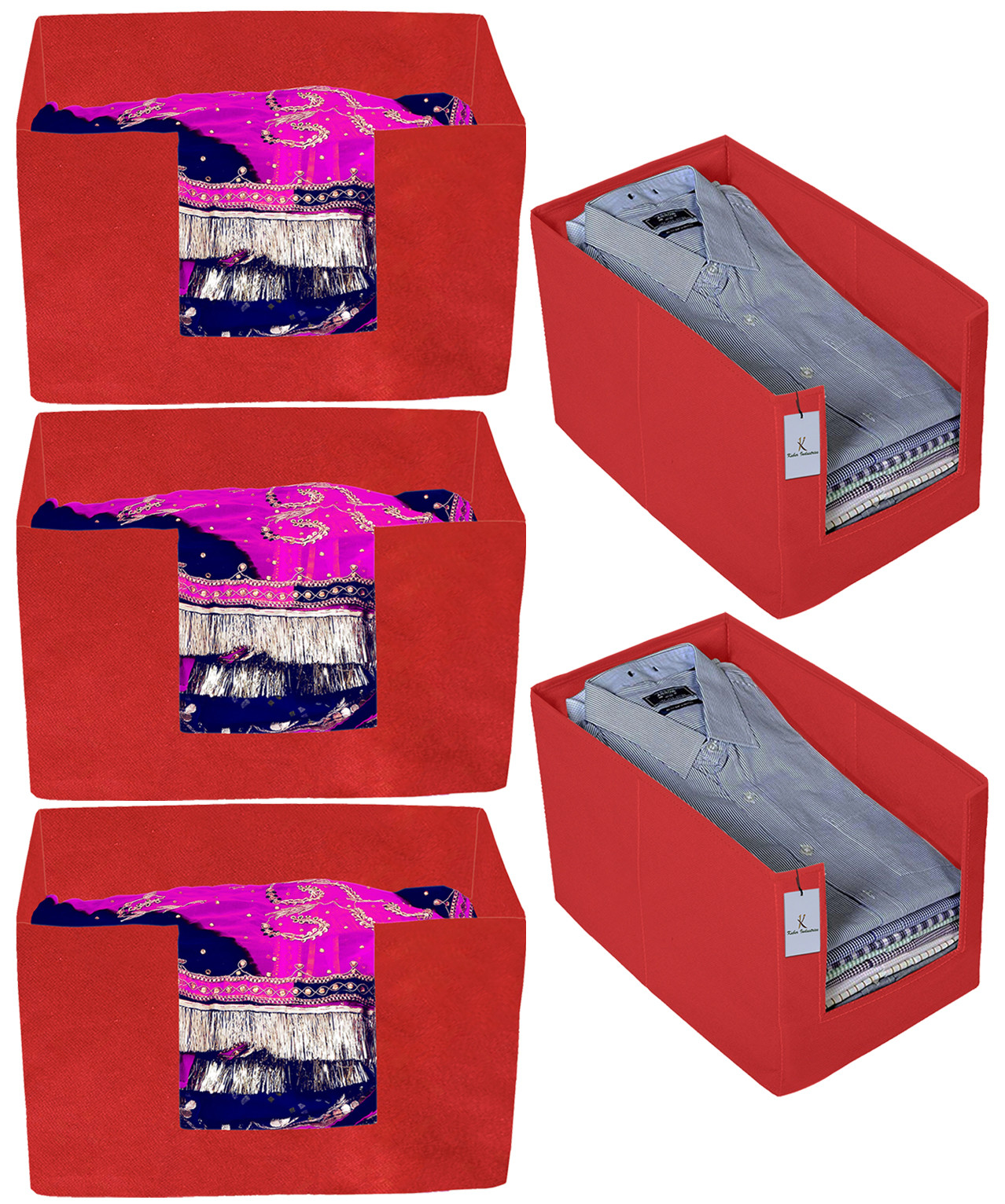 Kuber Industries Non Woven 2 Piece Shirt Stacker And Foldable Rectangle Cloth Saree Stacker Cloth Wardrobe Organizer Wardrobe Organizer (Red) -CTKTC38299