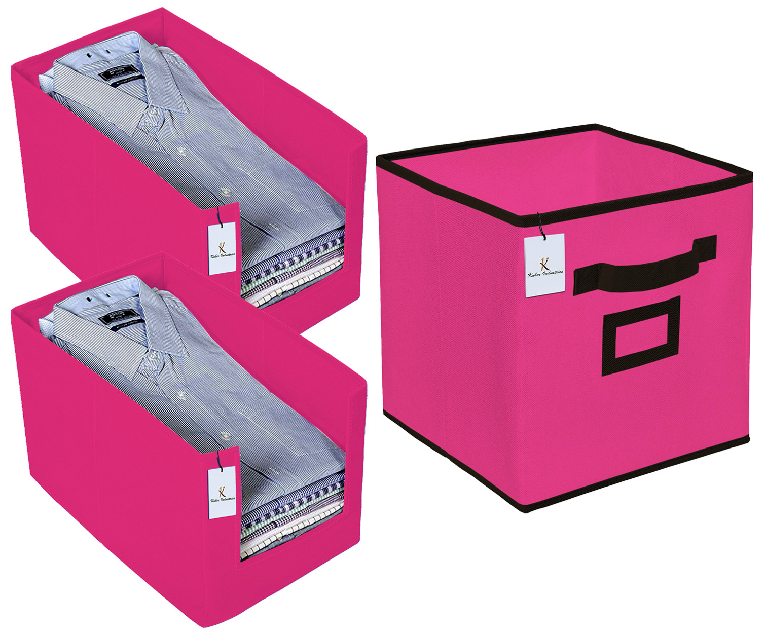 Kuber Industries Non Woven 2 Piece Shirt Stacker Wardrobe Organizer And Large Foldable Storage Organiser Cubes/Boxes (Pink) -CTKTC38371
