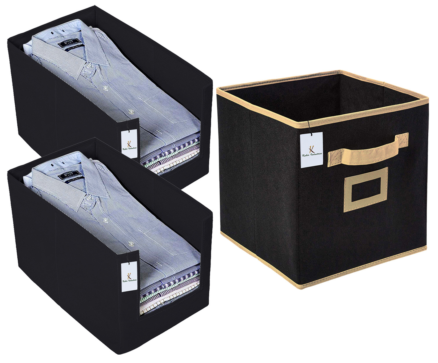 Kuber Industries Non Woven 2 Piece Shirt Stacker Wardrobe Organizer And Large Foldable Storage Organiser Cubes/Boxes (Black) -CTKTC38379