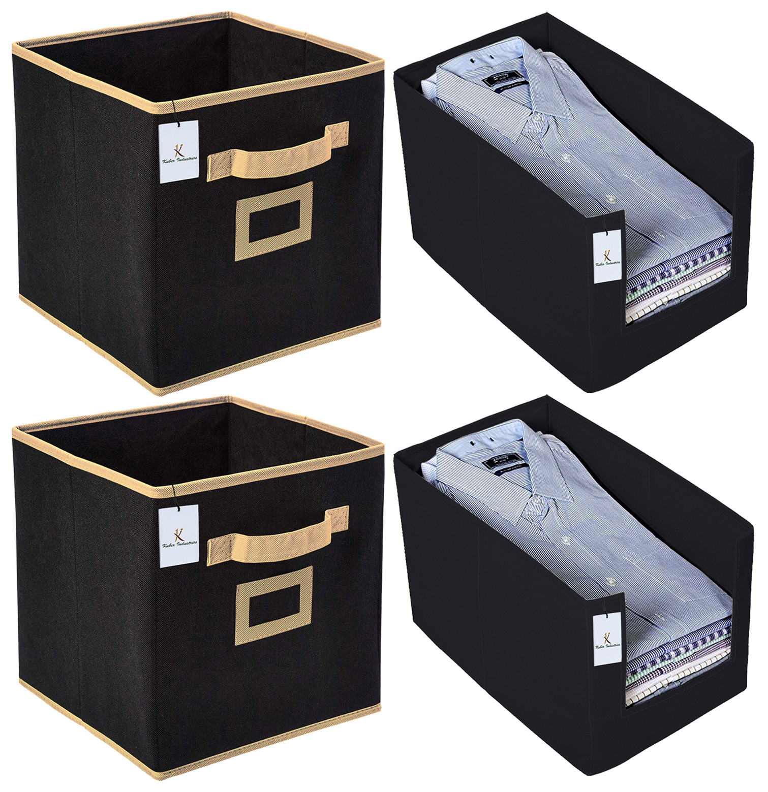 Kuber Industries Non Woven 2 Piece Shirt Stacker Wardrobe Organizer And Large Foldable Storage Organiser Cubes/Boxes (Black) -CTKTC38379