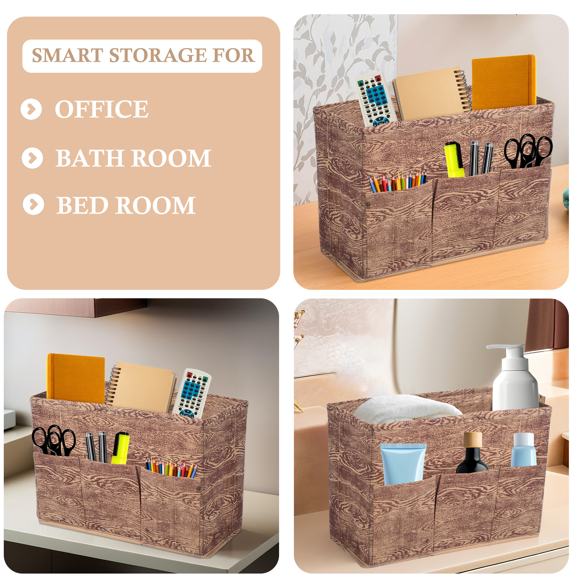 Kuber Industries Non Woven 3 Compartment Stationery Organizer for Home  Desk Organiser for Books Keys Pens Remote Holder  Organizer Storage Box for Jewellery  Cosmetic Item  Wood  Brown