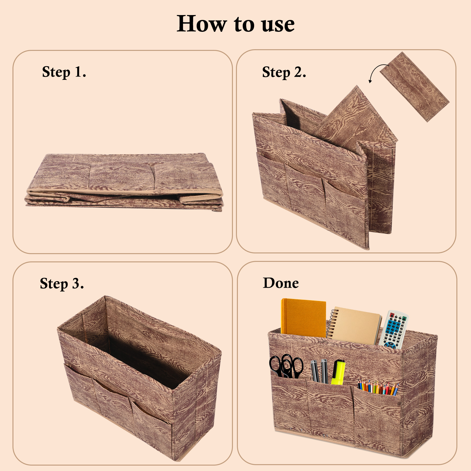 Kuber Industries Non Woven 3 Compartment Stationery Organizer for Home  Desk Organiser for Books Keys Pens Remote Holder  Organizer Storage Box for Jewellery  Cosmetic Item  Wood  Brown