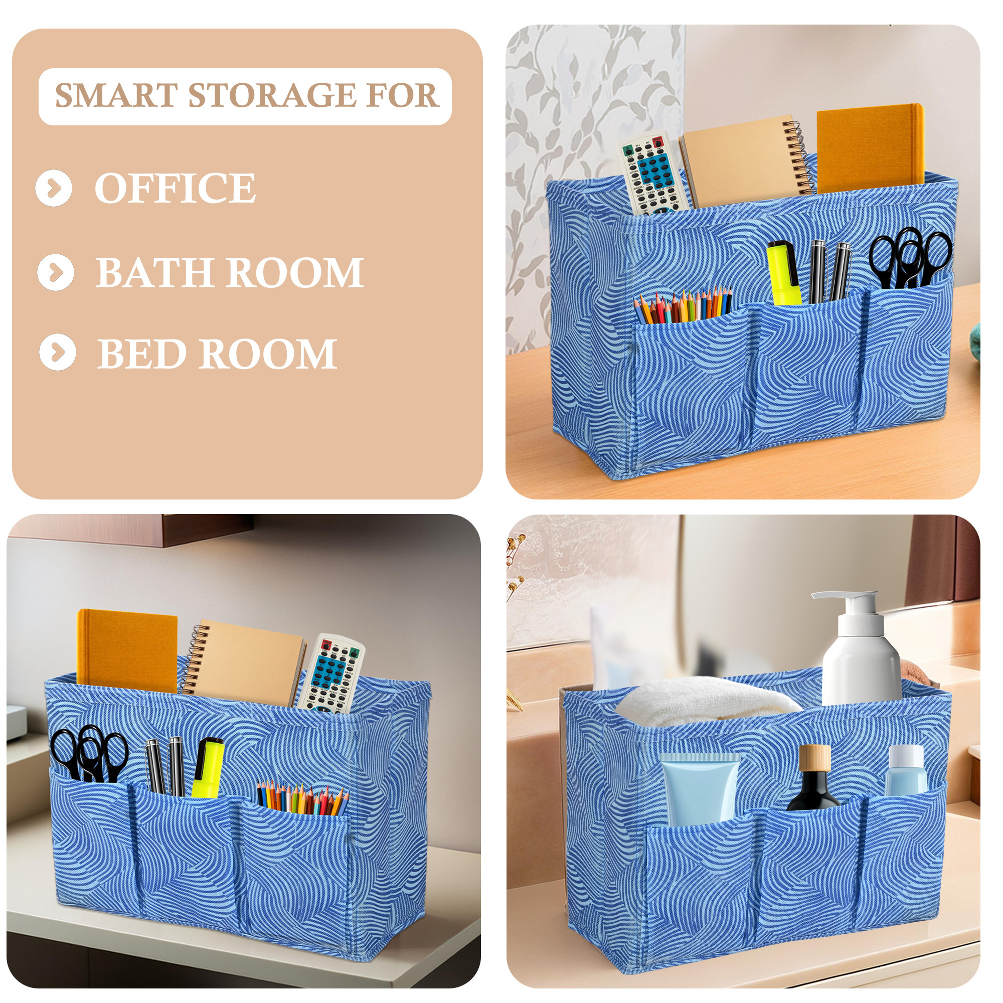 Kuber Industries Non Woven 3 Compartment Stationery Organizer for Home  Desk Organiser for Books Keys Pens Remote Holder  Organizer Storage Box for Jewellery  Cosmetic Item  Zig Zag  Blue