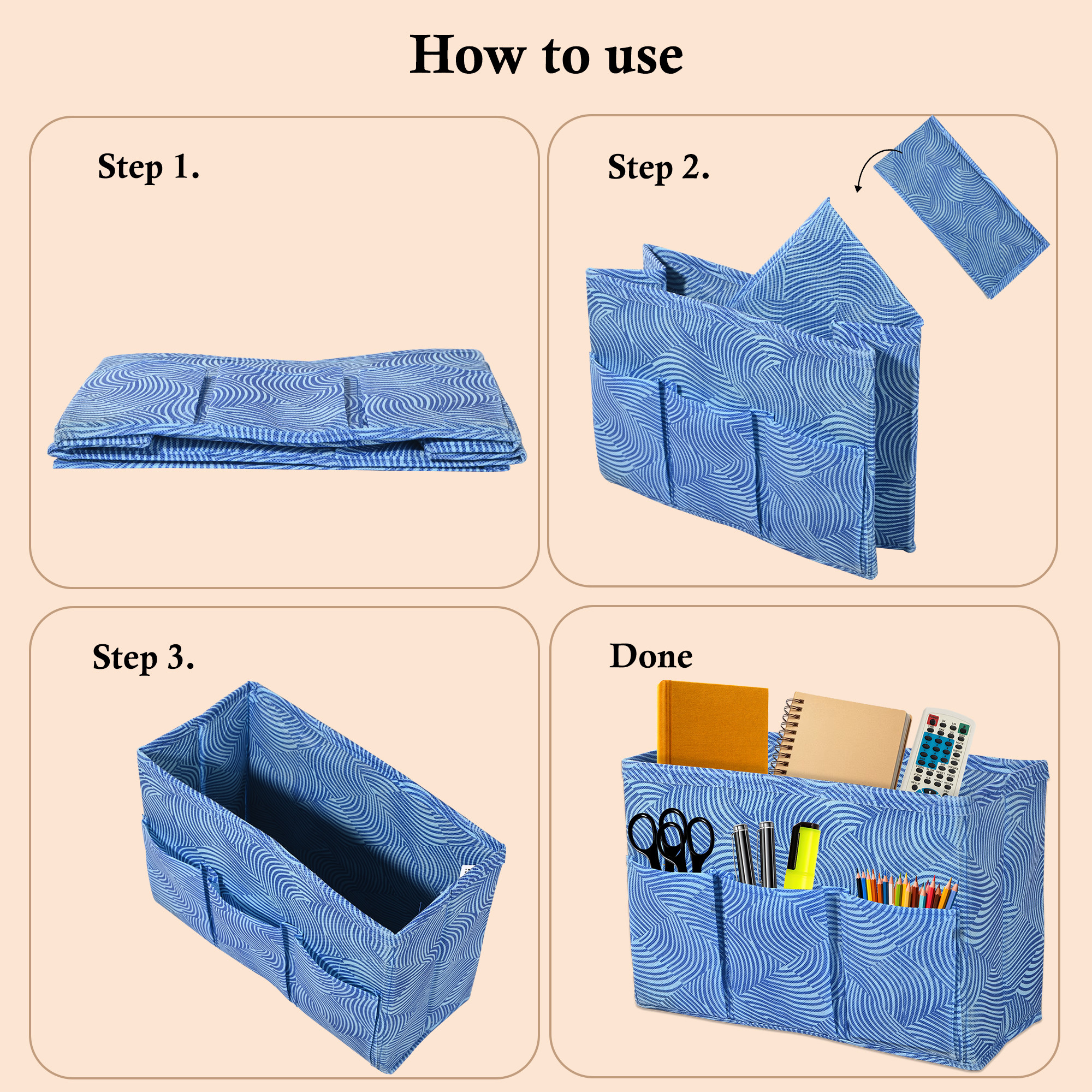 Kuber Industries Non Woven 3 Compartment Stationery Organizer for Home  Desk Organiser for Books Keys Pens Remote Holder  Organizer Storage Box for Jewellery  Cosmetic Item  Zig Zag  Blue