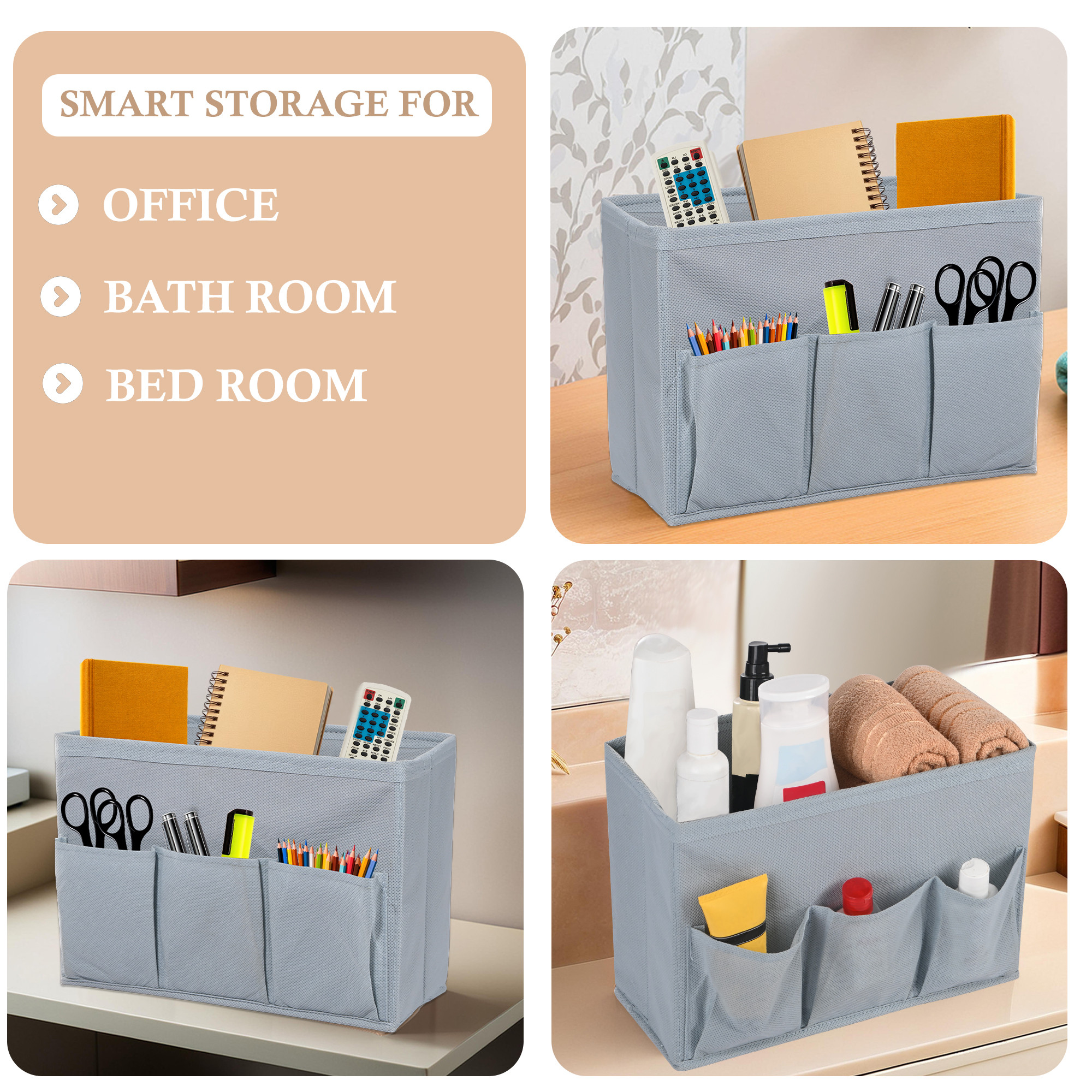 Kuber Industries Non Woven 3 Compartment Stationery Organizer for Home  Desk Organiser for Books Keys Pens Remote Holder  Organizer Storage Box for Jewellery  Cosmetic Item  Plain  Grey