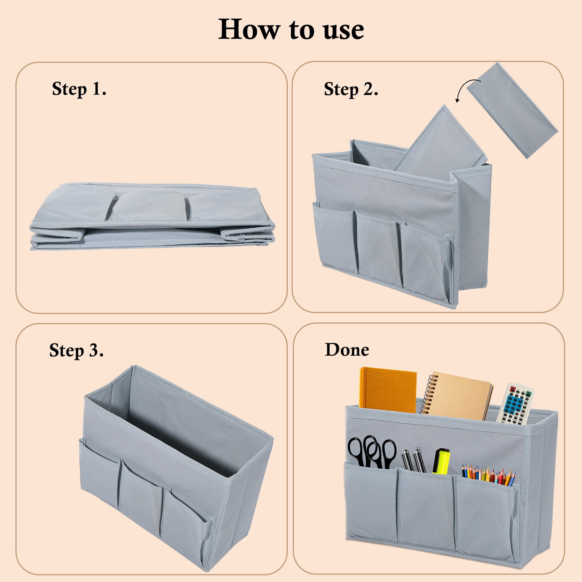 Kuber Industries Non Woven 3 Compartment Stationery Organizer for Home  Desk Organiser for Books Keys Pens Remote Holder  Organizer Storage Box for Jewellery  Cosmetic Item  Plain  Grey