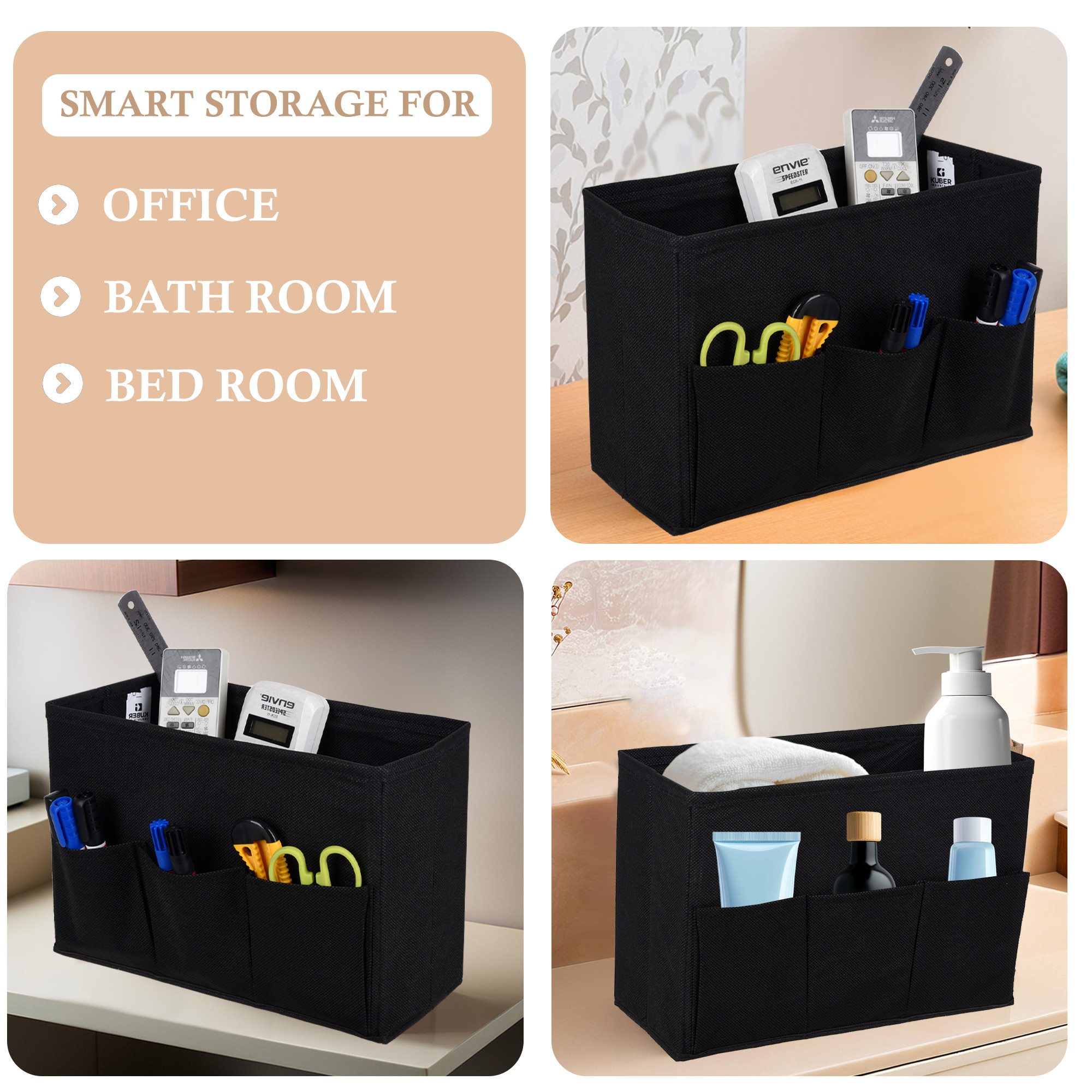 Kuber Industries Non Woven 3 Compartment Stationery Organizer for Home  Desk Organiser for Books Keys Pens Remote Holder  Organizer Storage Box for Jewellery  Cosmetic Item  Plain  Black