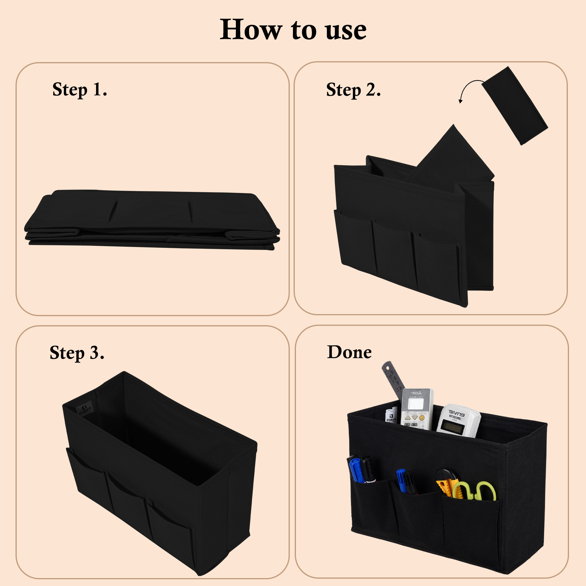 Kuber Industries Non Woven 3 Compartment Stationery Organizer for Home  Desk Organiser for Books Keys Pens Remote Holder  Organizer Storage Box for Jewellery  Cosmetic Item  Plain  Black