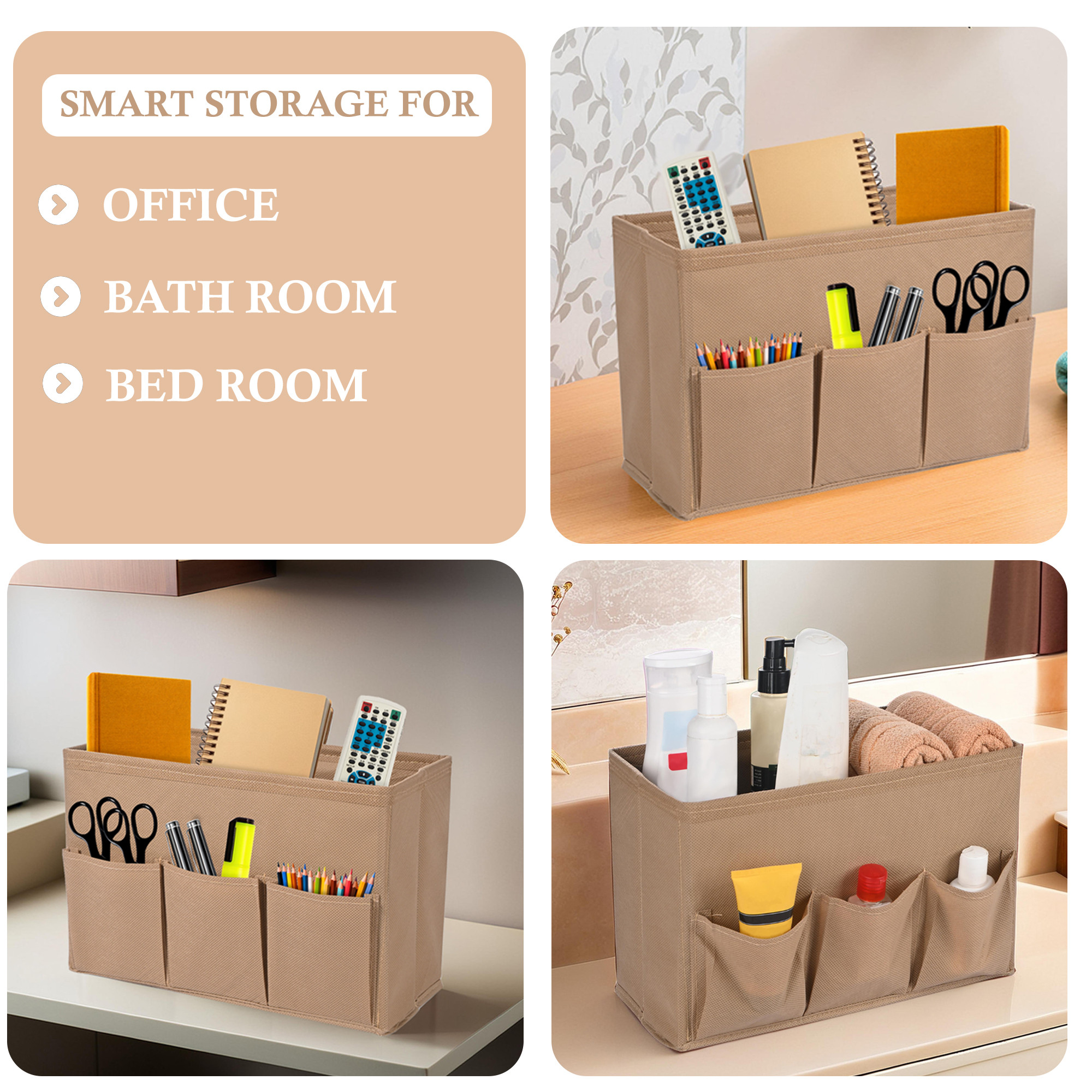 Kuber Industries Non Woven 3 Compartment Stationery Organizer for Home  Desk Organiser for Books Keys Pens Remote Holder  Organizer Storage Box for Jewellery  Cosmetic Item  Plain  Brown