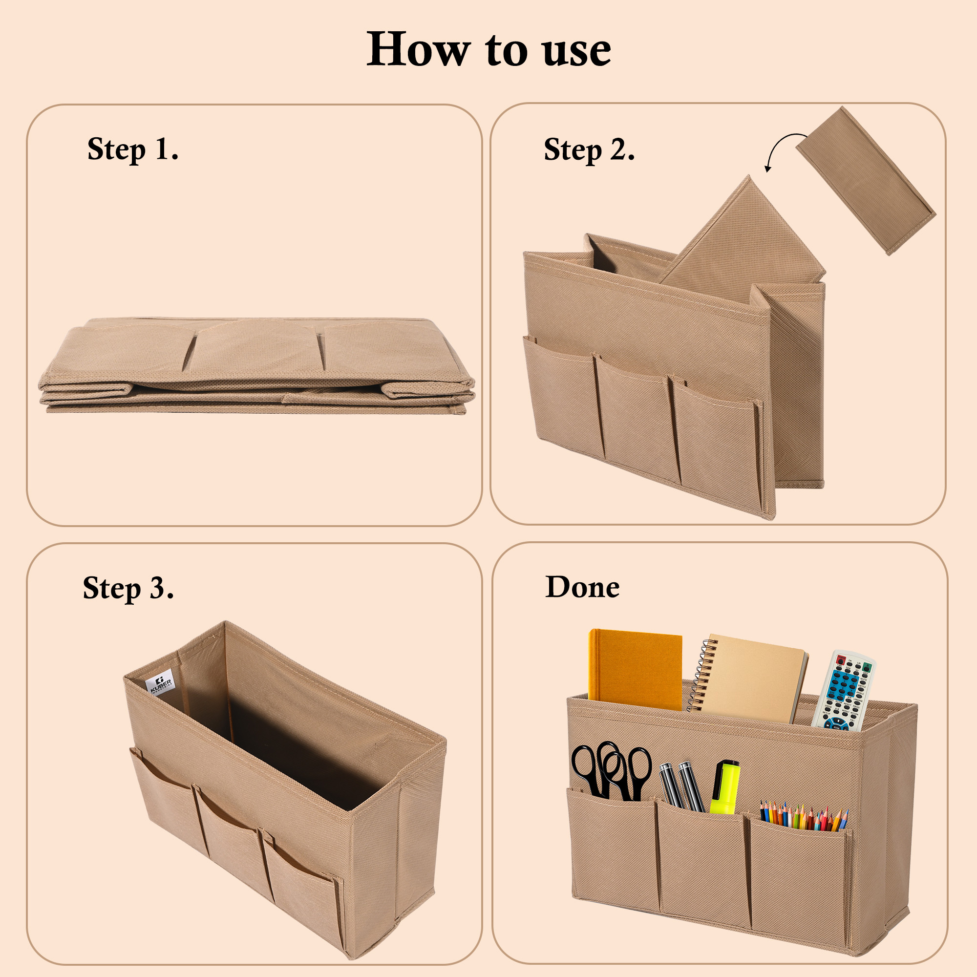 Kuber Industries Non Woven 3 Compartment Stationery Organizer for Home  Desk Organiser for Books Keys Pens Remote Holder  Organizer Storage Box for Jewellery  Cosmetic Item  Plain  Brown