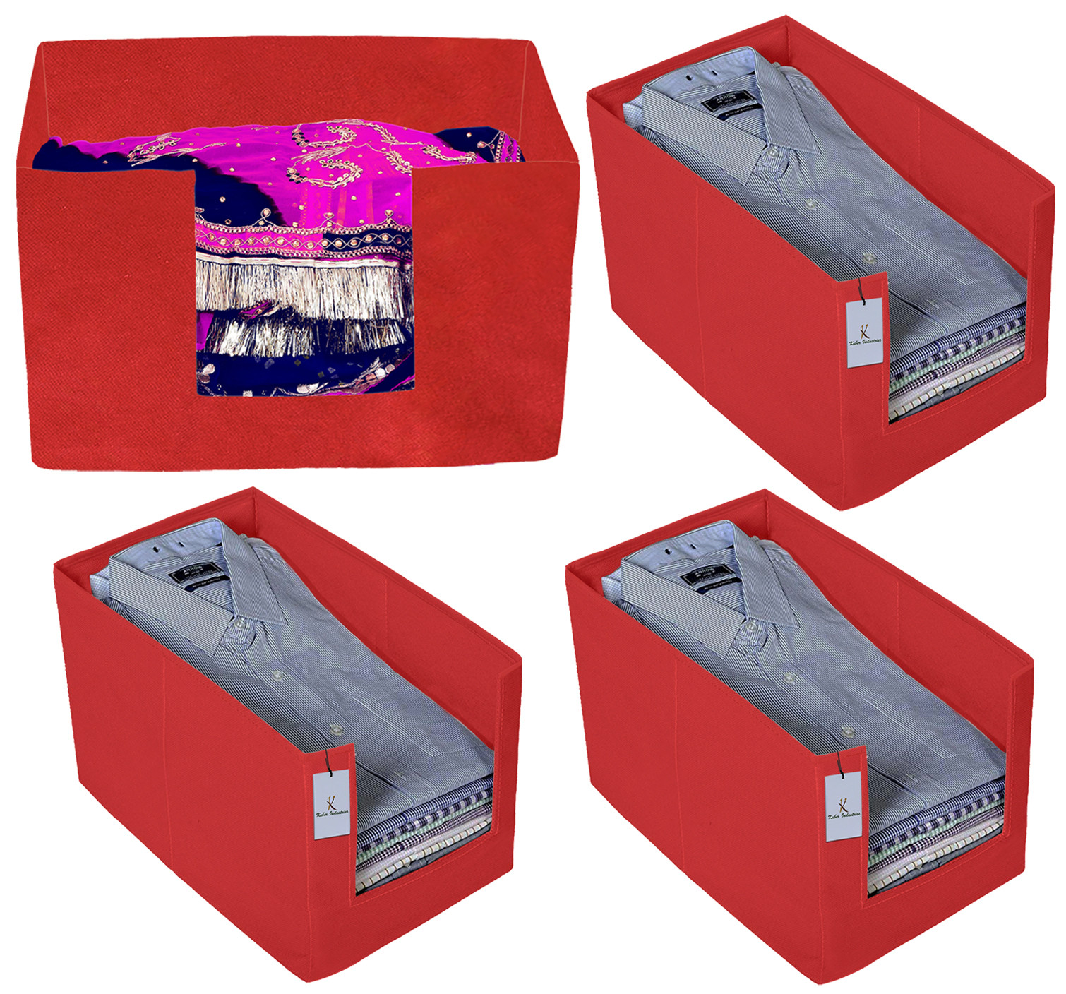 Kuber Industries Non Woven 3 Piece Shirt Stacker And Foldable Rectangle Cloth Saree Stacker Cloth Wardrobe Organizer Wardrobe Organizer (Red) -CTKTC38305