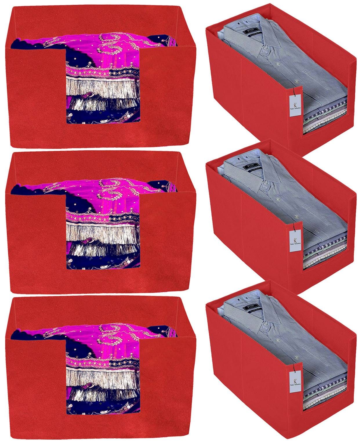 Kuber Industries Non Woven 3 Piece Shirt Stacker And Foldable Rectangle Cloth Saree Stacker Cloth Wardrobe Organizer Wardrobe Organizer (Red) -CTKTC38305