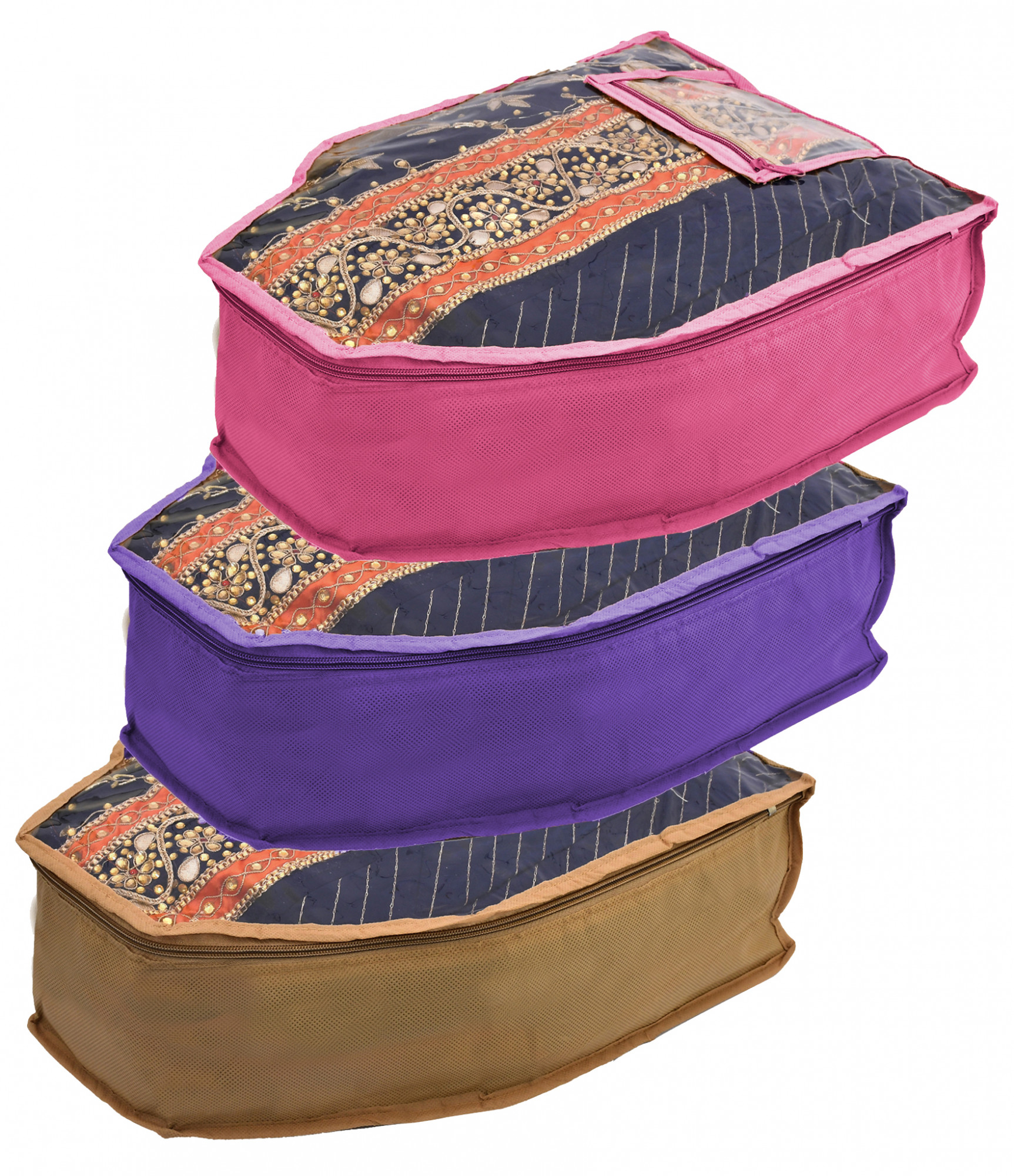 Kuber Industries Non Woven Blouse Cover With Front Transparent Window With Attached Pocket Set (Brown & Purple & Pink)