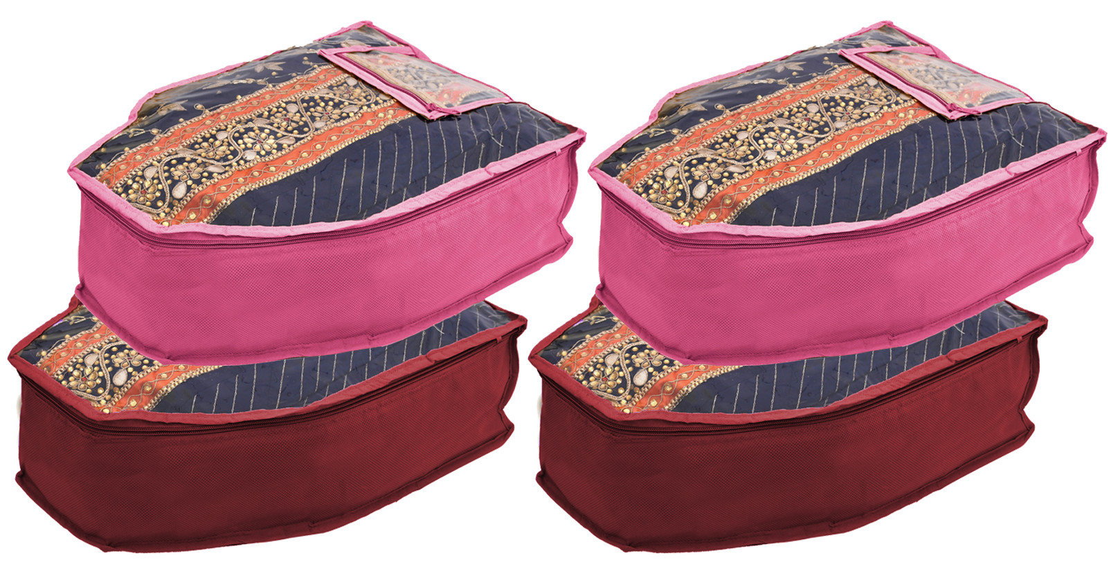 Kuber Industries Non Woven Blouse Cover With Front Transparent Window With Attached Pocket Set (Maroon & Pink)