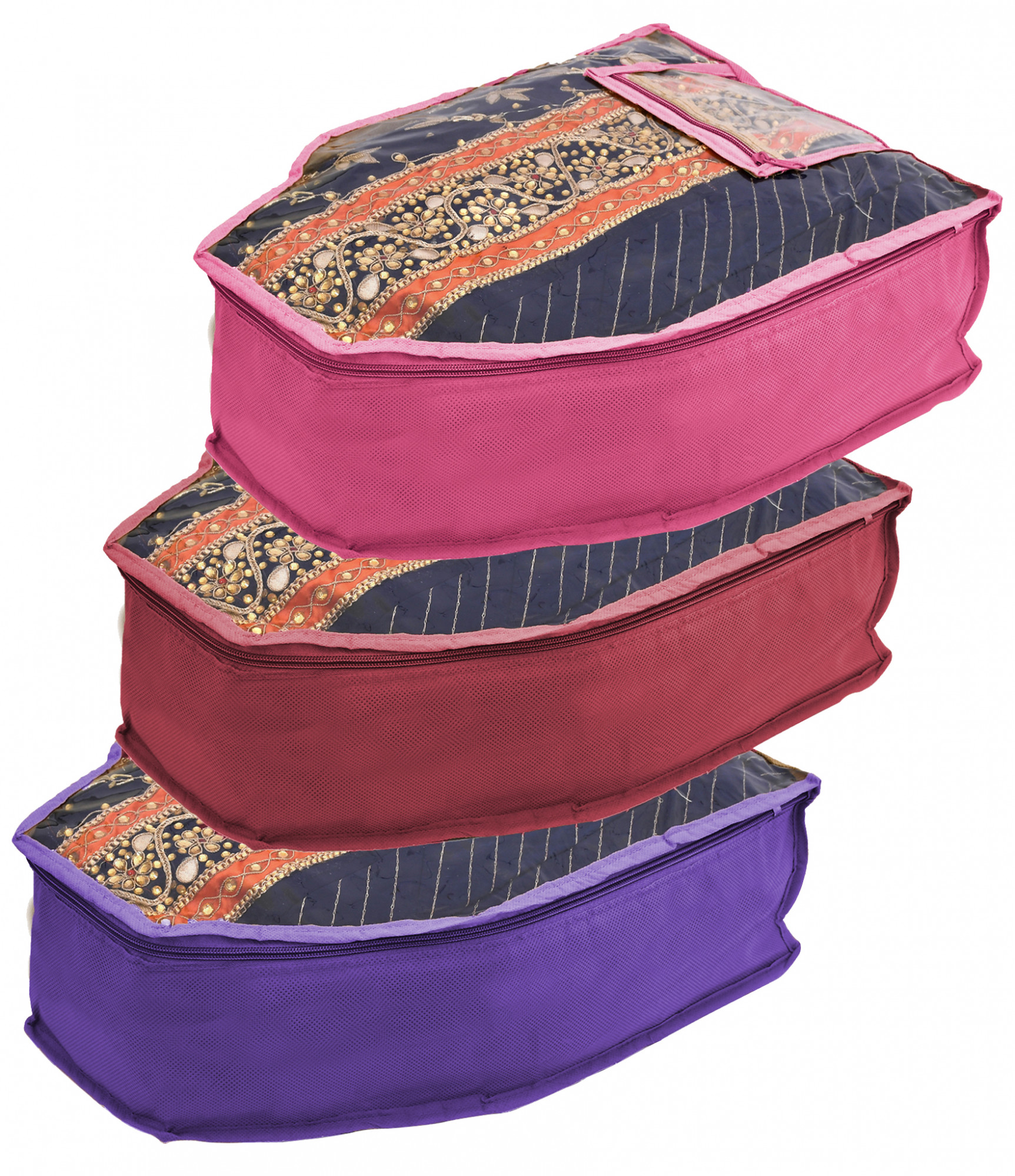 Kuber Industries Non Woven Blouse Cover With Front Transparent Window With Attached Pocket Set (Purple & Maroon & Pink)