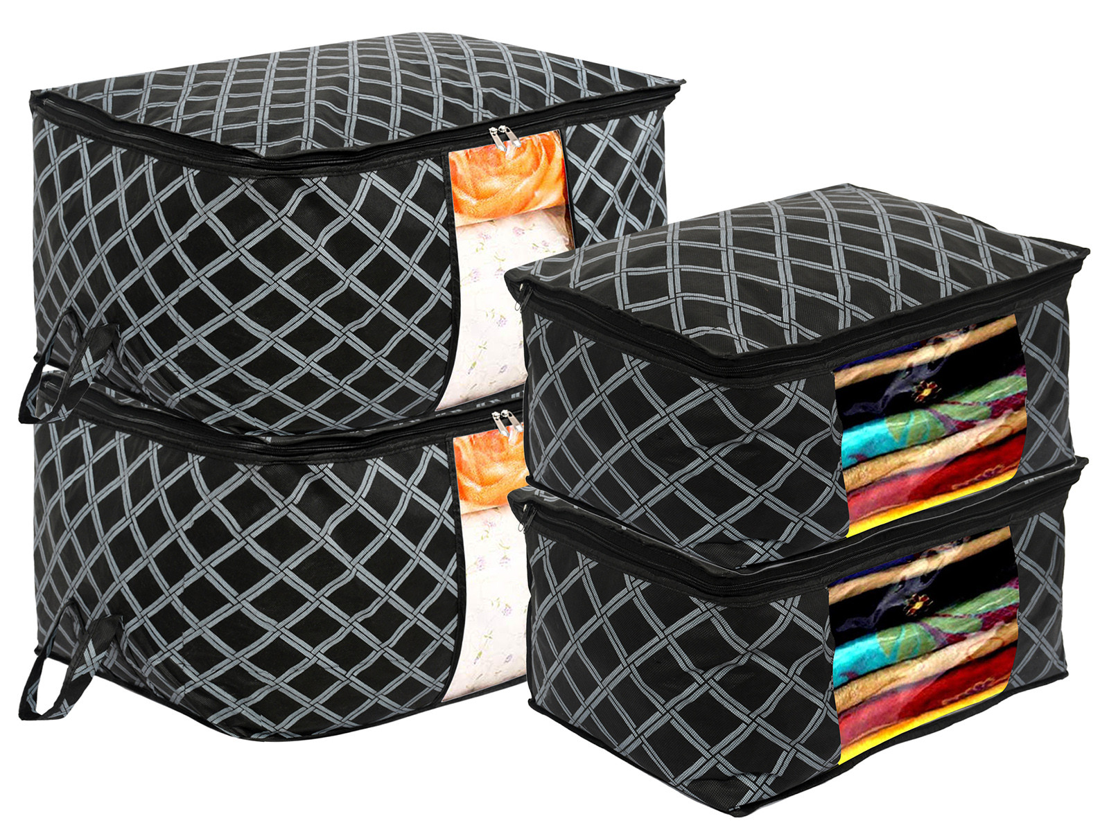 Kuber industries Non-Woven Check Print 2 Pieces Underbed Storage Bag & 2 Pieces Saree Cover With Transparent Window,(Black)