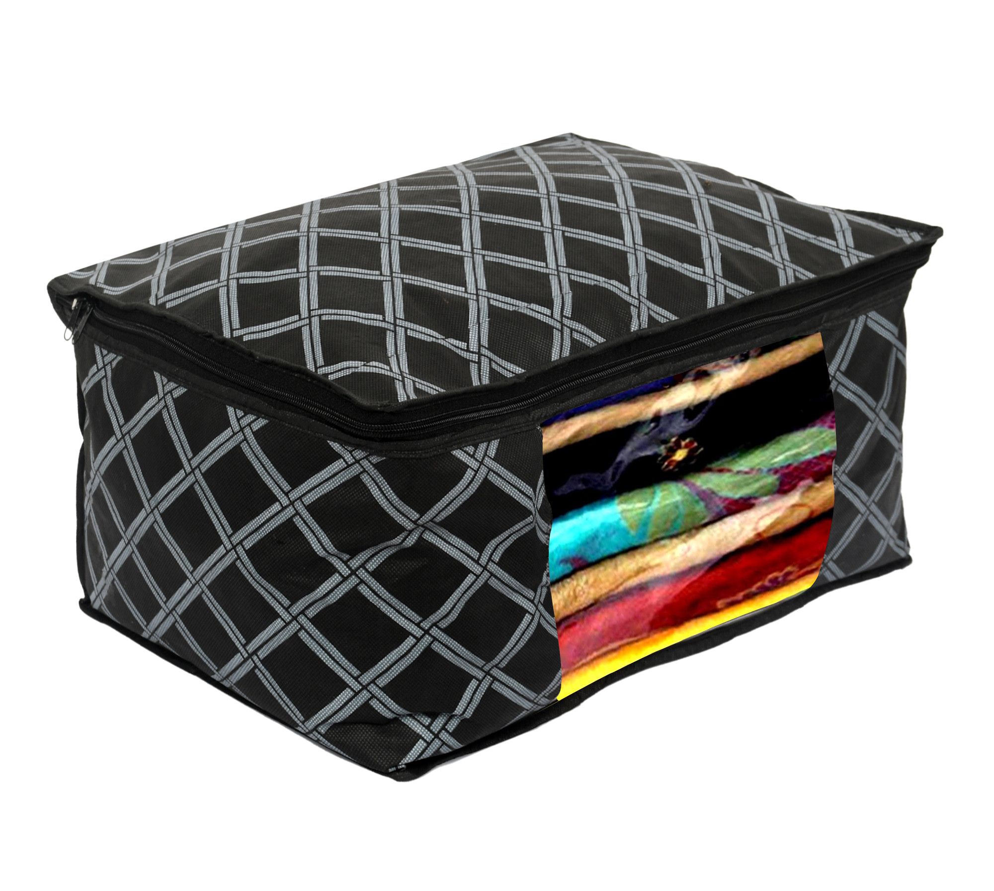 Kuber industries Non-Woven Check Print 2 Pieces Underbed Storage Bag & 2 Pieces Saree Cover With Transparent Window,(Black)